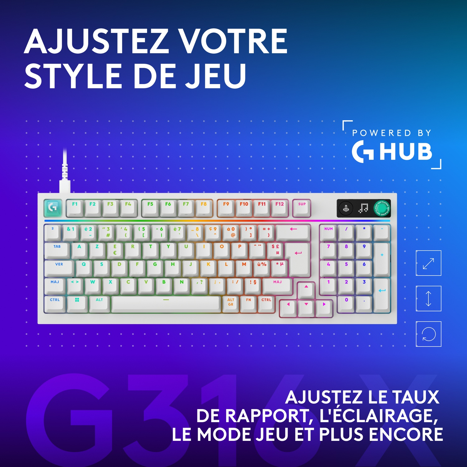 Un clavier blanc avec des touches colorées et le logo 'Powered by GHub'.