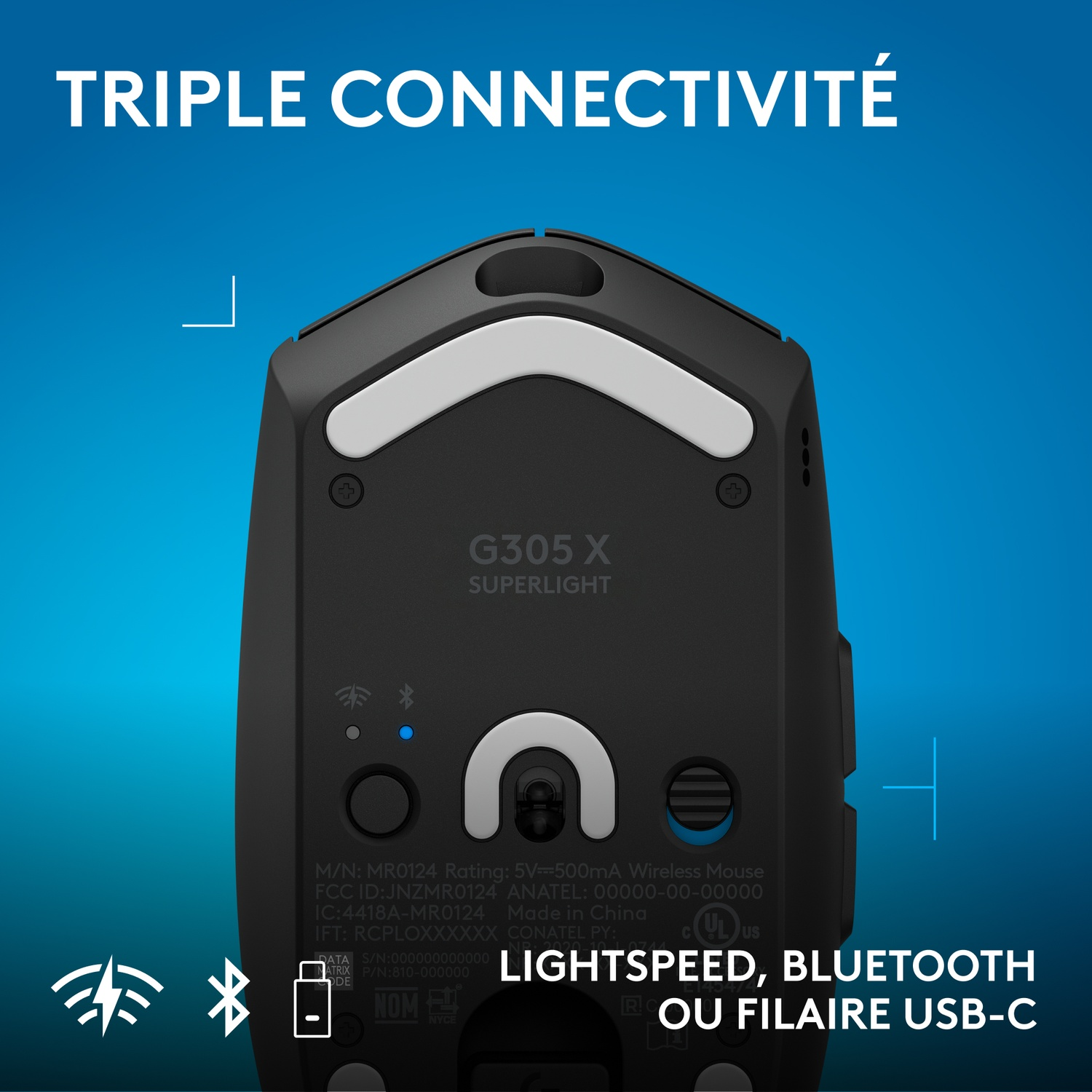 Dessous d'une souris gaming Logitech G305 X Superlight noire avec texte et icônes.