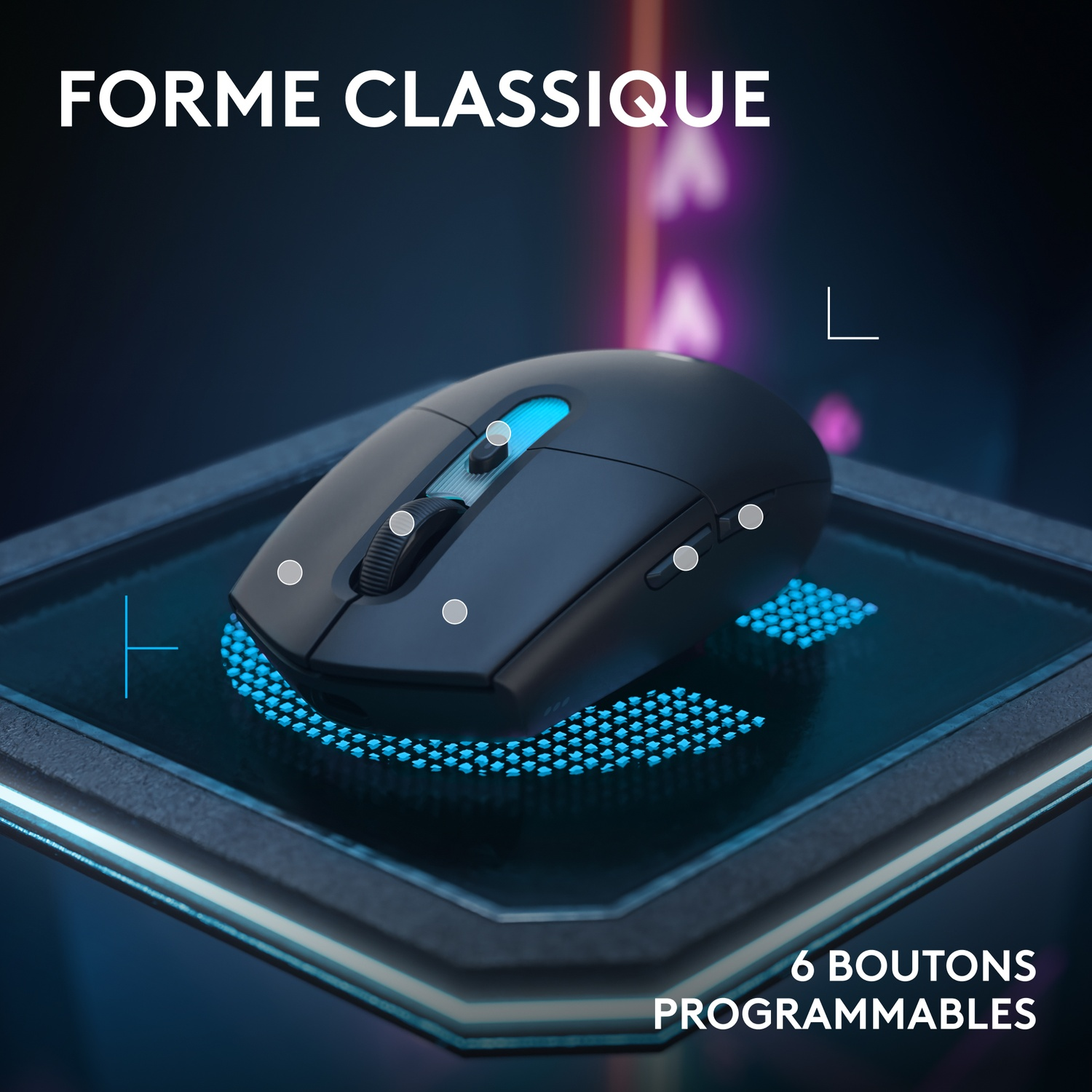 Souris gamer noire avec lumières bleues sur plateforme avec texte FORME CLASSIQUE