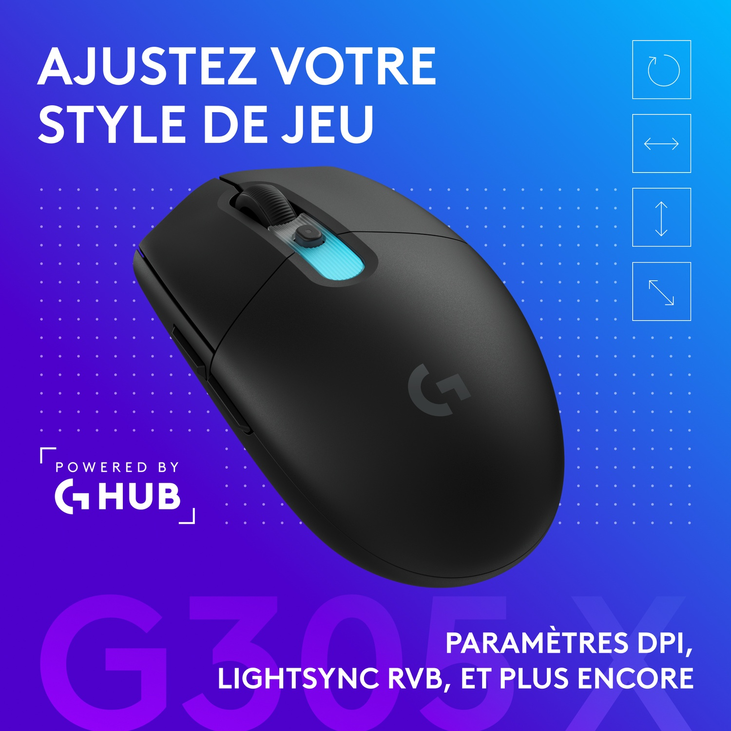 Souris gaming noire avec lumière bleue.