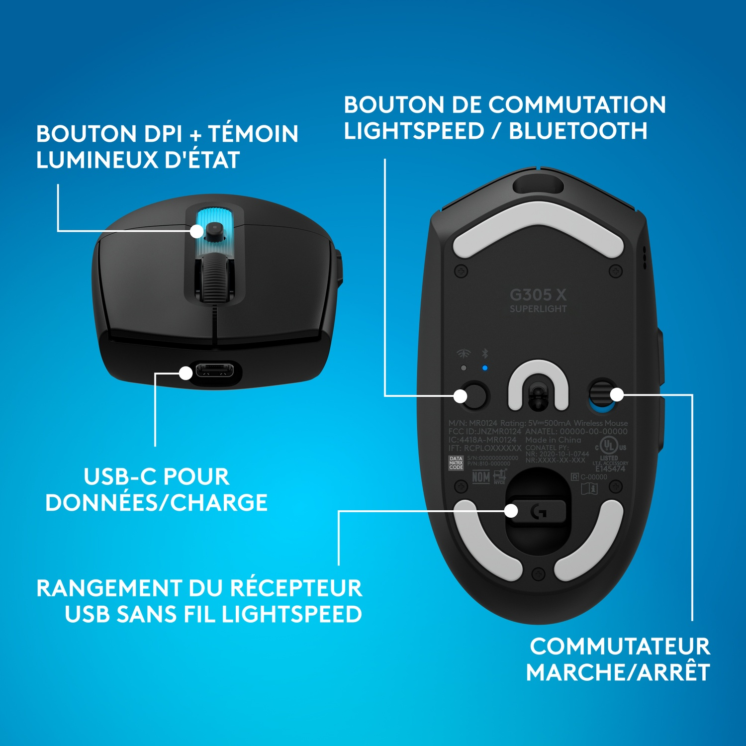 Souris noire Logitech G305 X Superlight avec étiquettes pour boutons et ports.