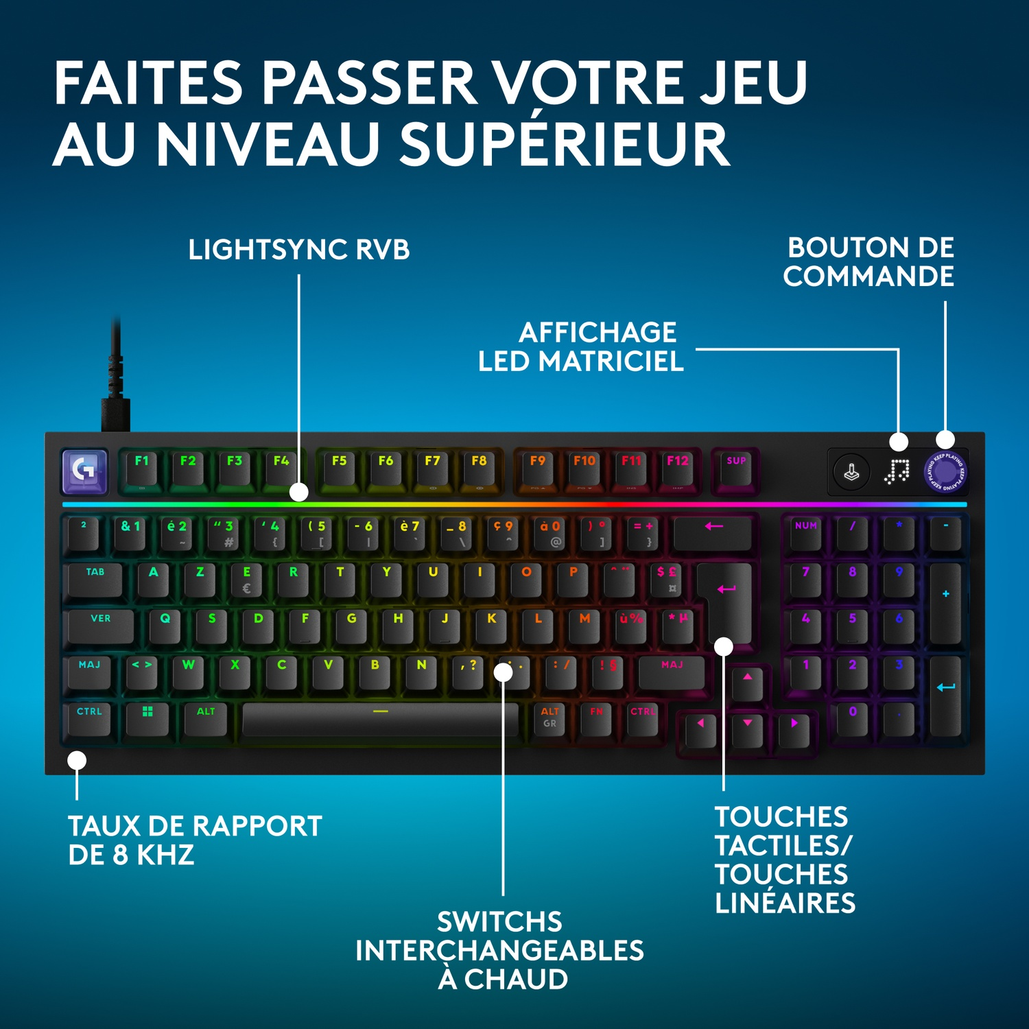 Un clavier gaming noir avec éclairage RVB et étiquettes.