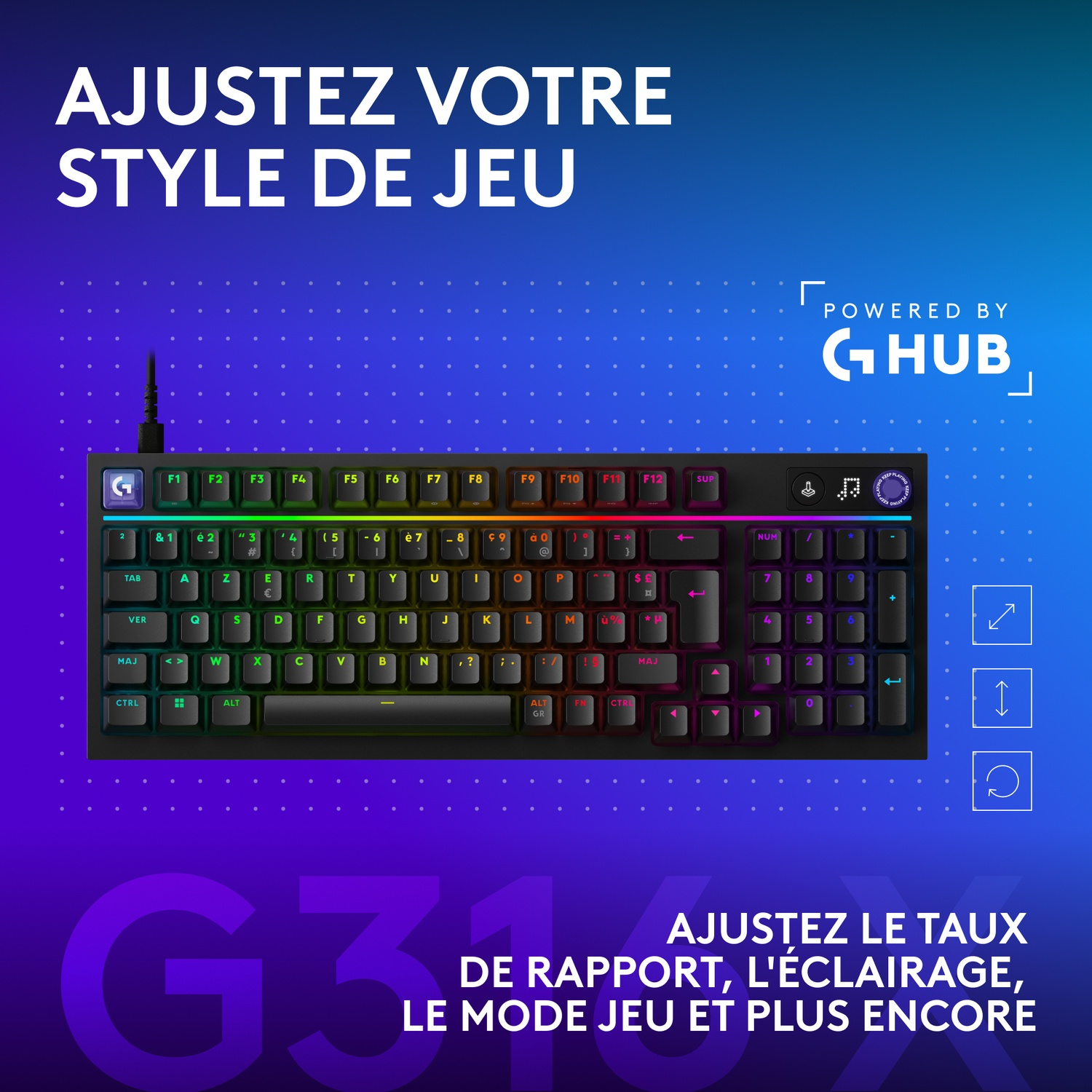 Un clavier gamer noir avec éclairage RVB et logo G. Texte en français.