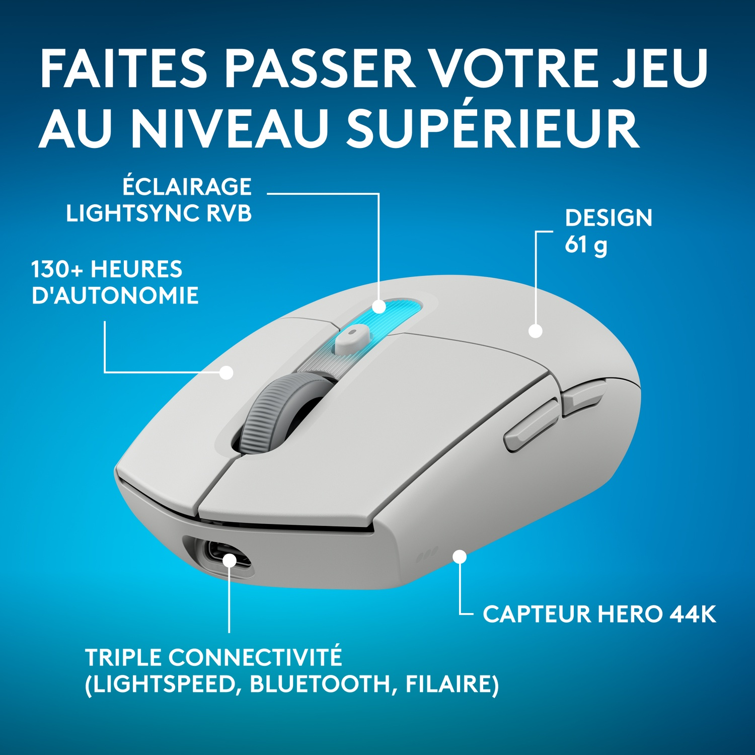 Souris gaming blanche éclairage RVB, 130h autonomie, 61g, capteur HERO 44K.