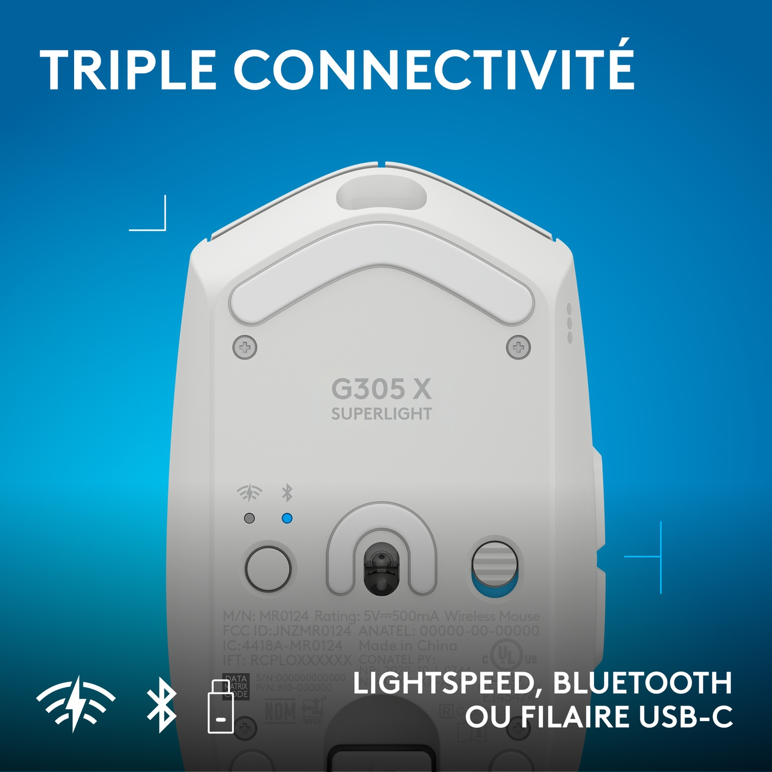 Le dessous d'une souris gaming blanche étiquetée 'G305 X SUPERLIGHT'.