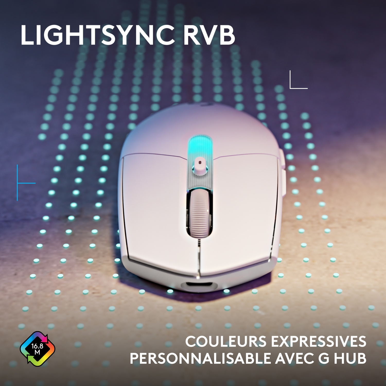 Souris blanche avec éclairage RVB et logo G HUB sur une surface à motifs.