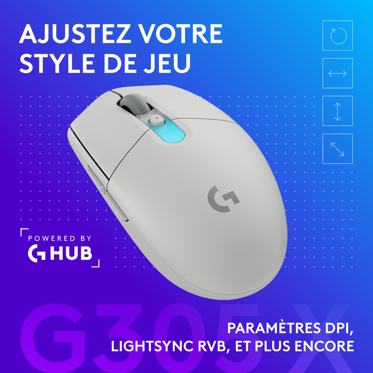 Souris gaming grise avec lumière bleue, logo Logitech G, texte et icônes.