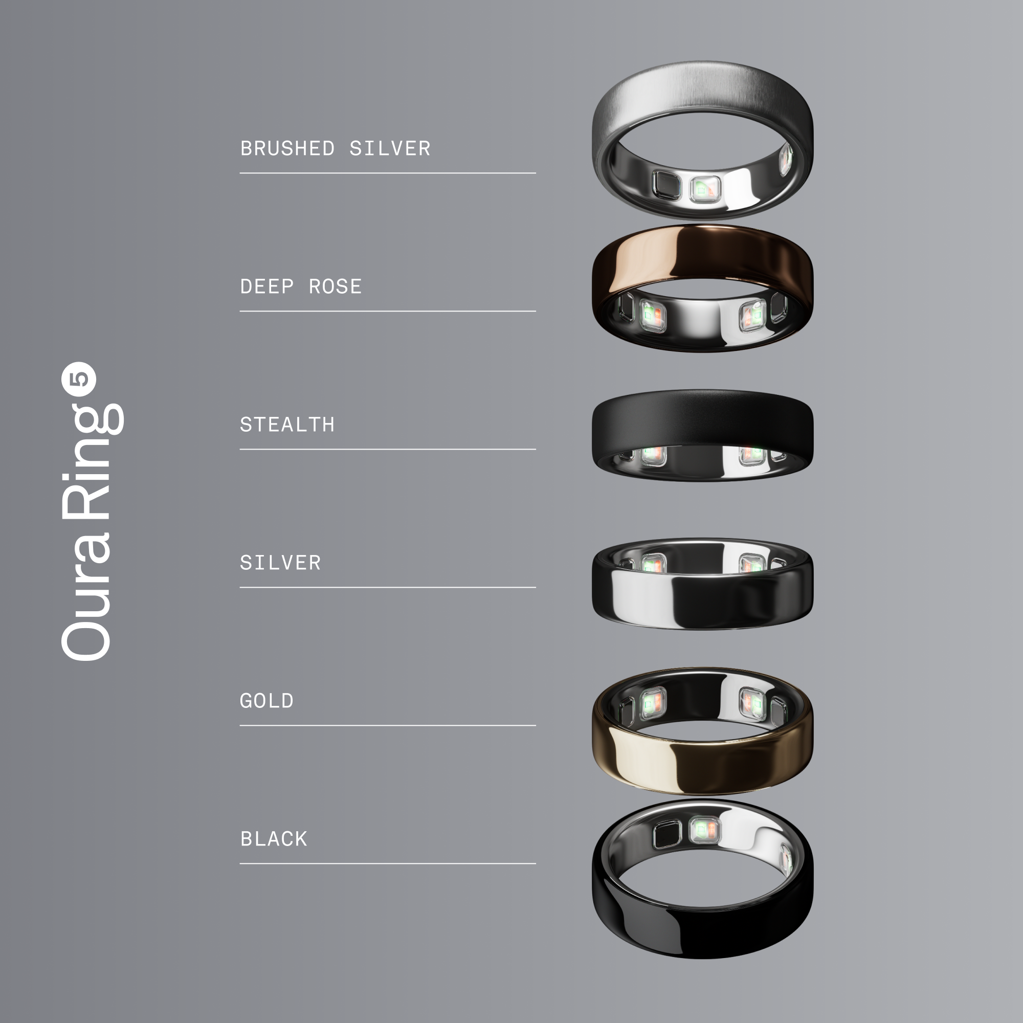 Seis anillos Oura en plata cepillada, rosa intenso, sigilo, plata, oro y negro.