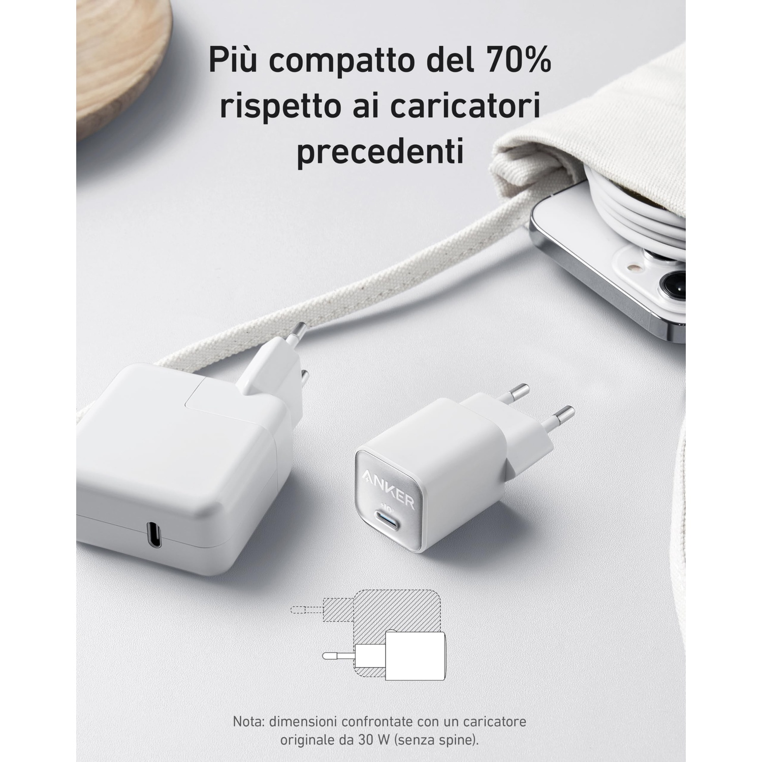 Due caricabatterie bianchi Anker, uno più grande dell'altro, con uno smartphone.