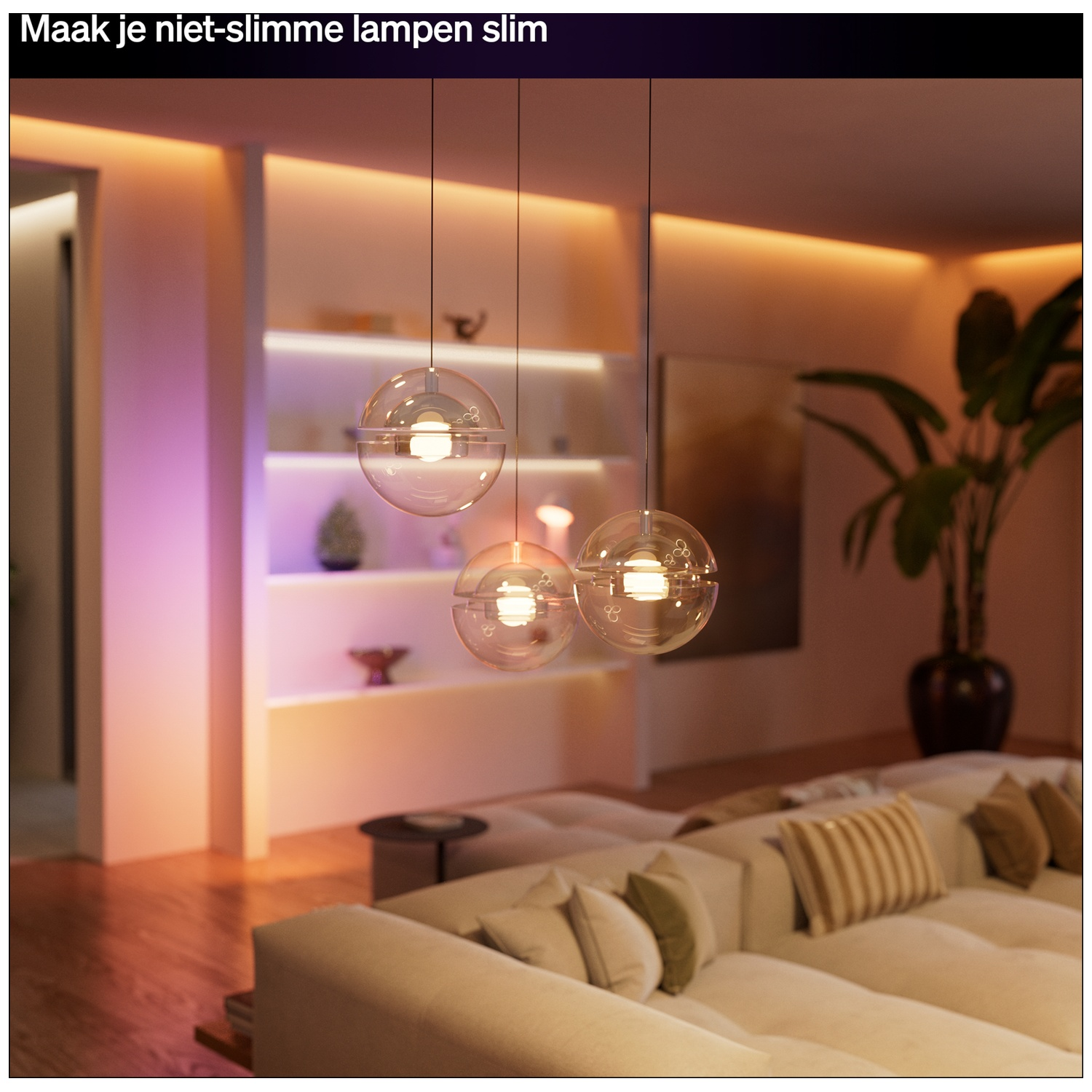 Modern pendant lights with glass globes above a sofa in a stylish living room.