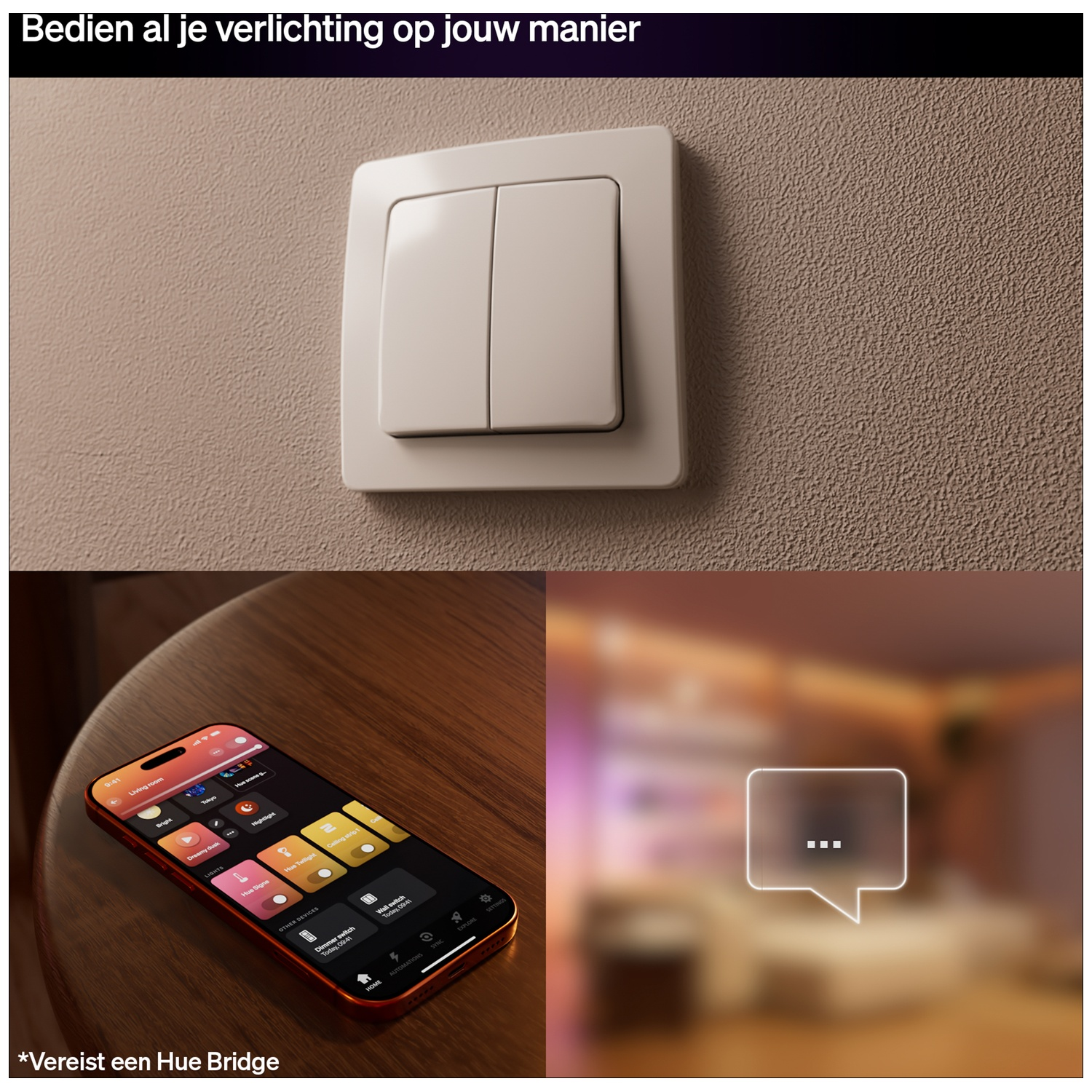 A light switch and a smartphone displaying a lighting control app.