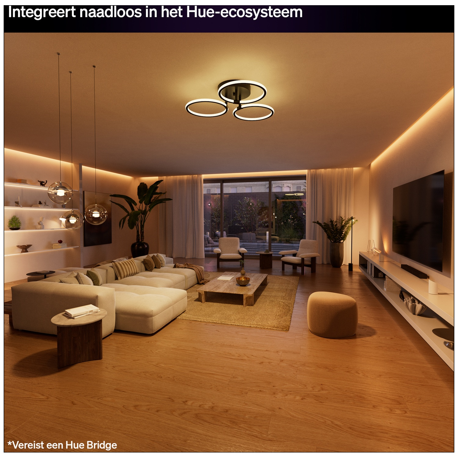 Modern living room with large sofa, wooden floor, and ceiling light.