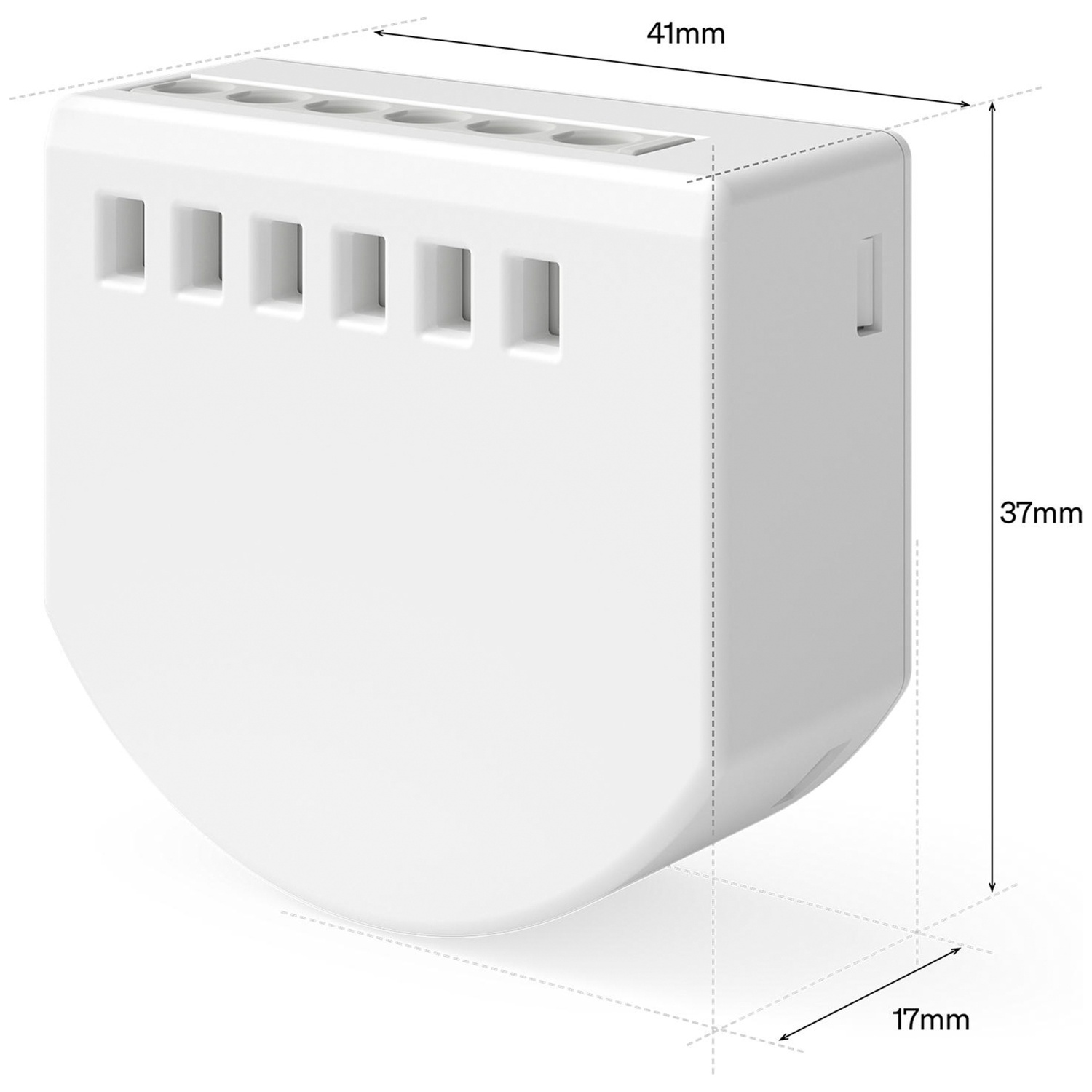 A white compact device with six slots on top and dimension lines.
