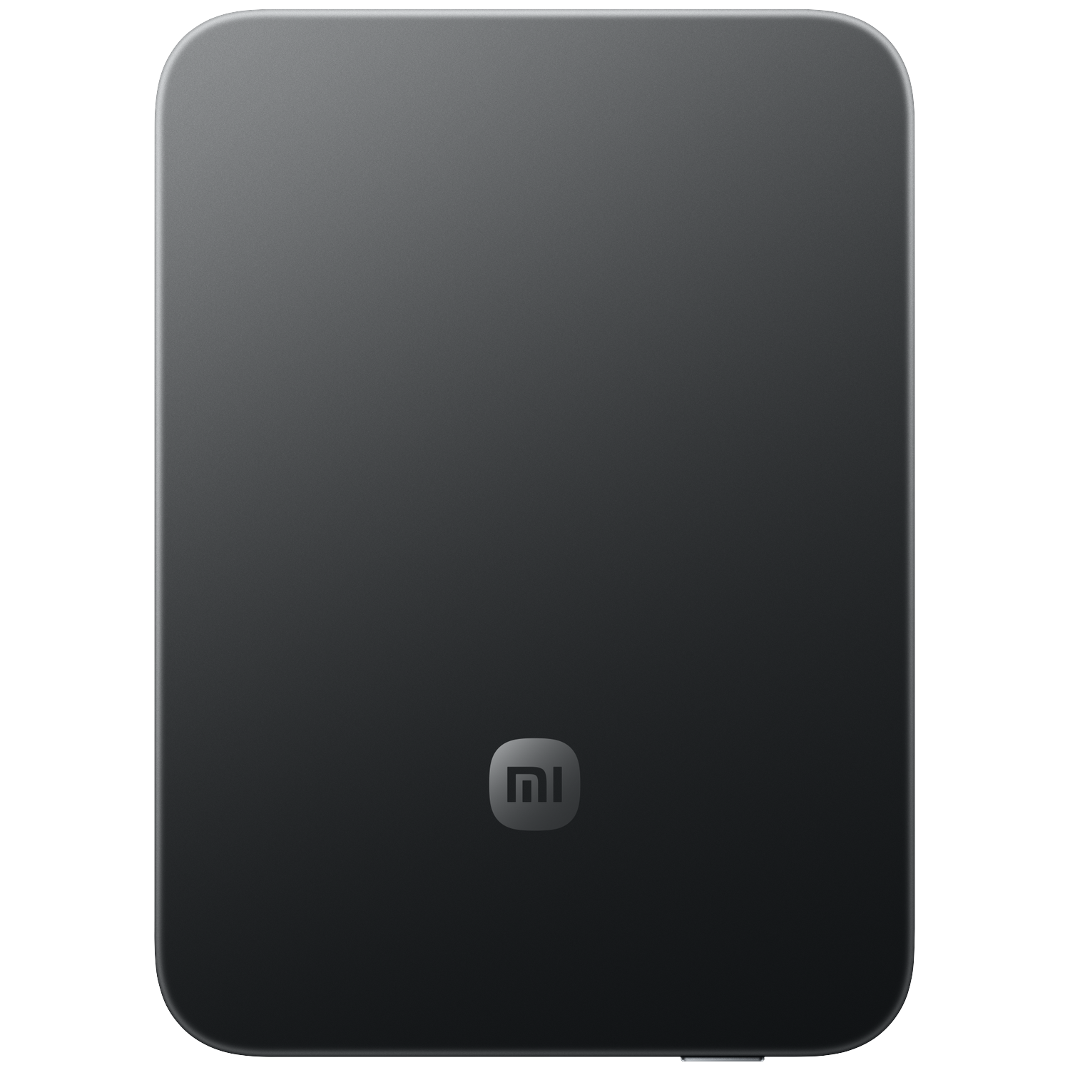Een donker, rechthoekig object met afgeronde hoeken en een 'Mi'-logo.
