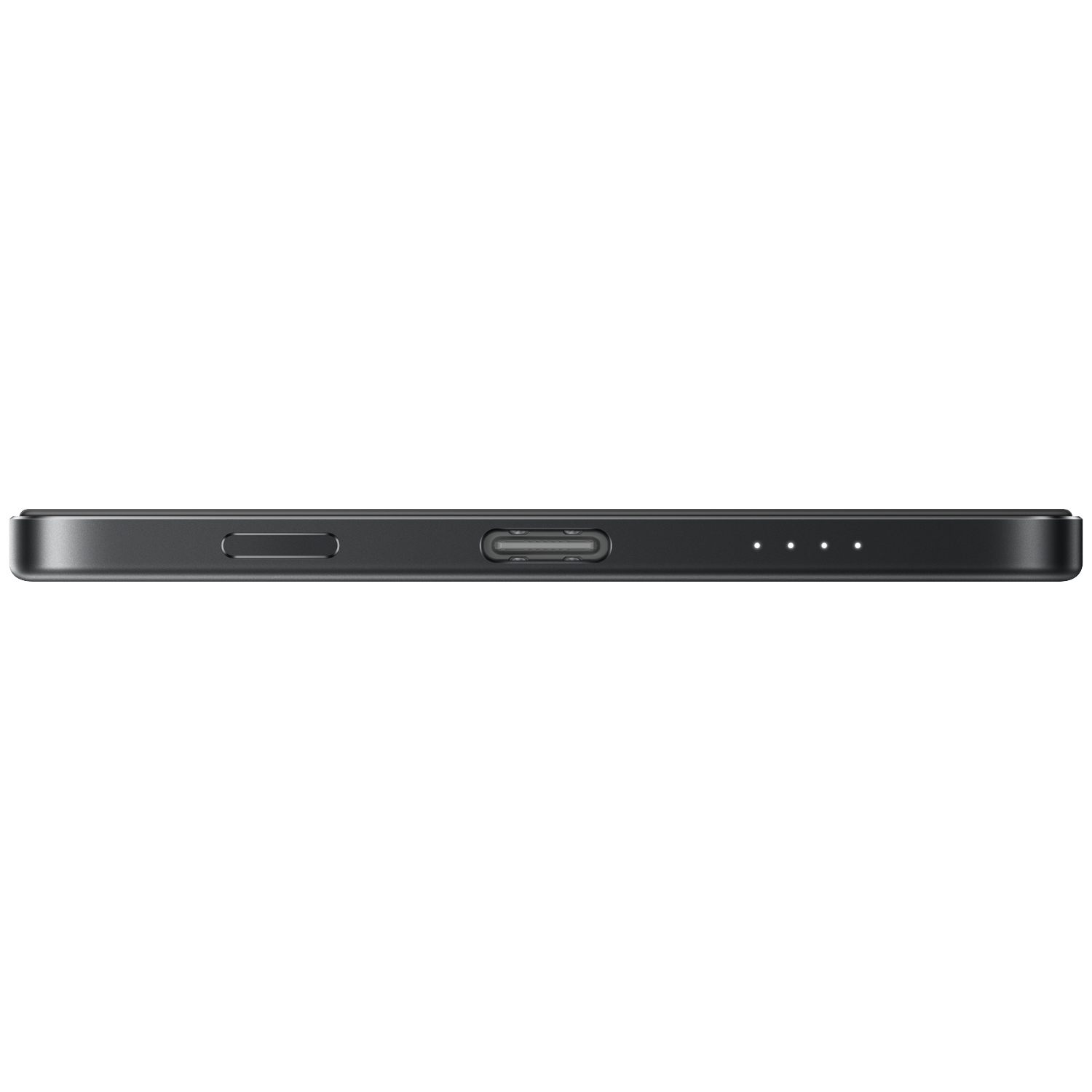 Donker smartphone omhulsel met USB-C poort en vier oplaadindicatoren.