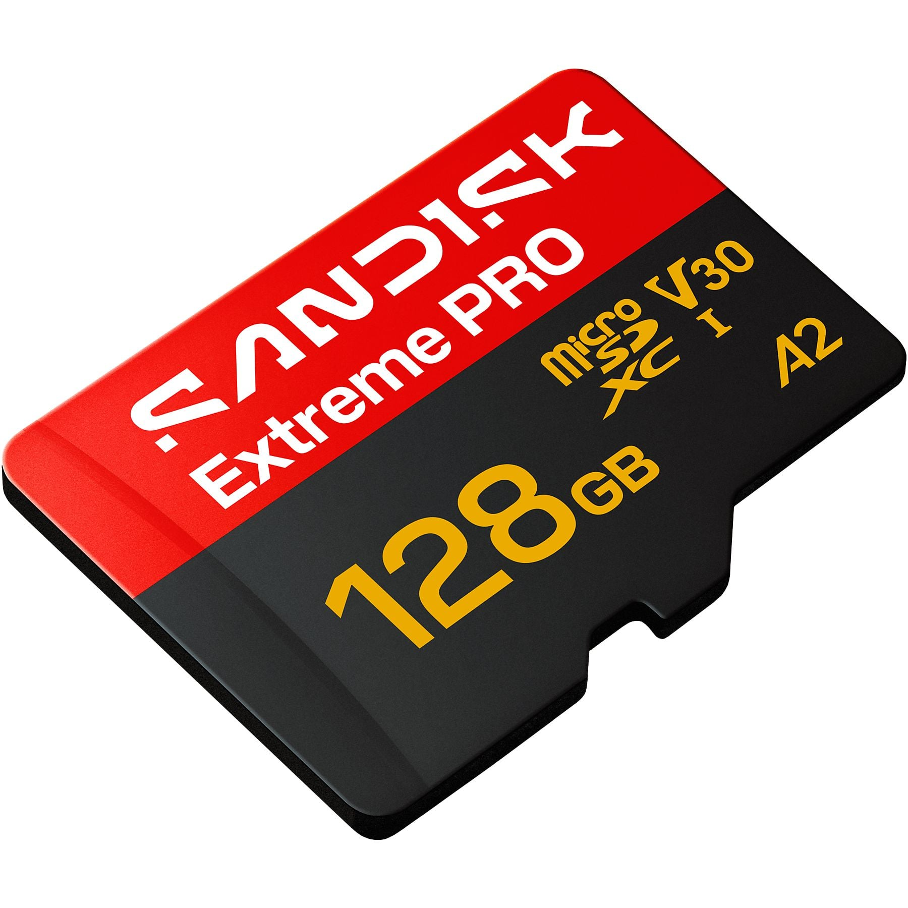 Una tarjeta MicroSD SanDisk Extreme Pro de 128GB roja y negra.