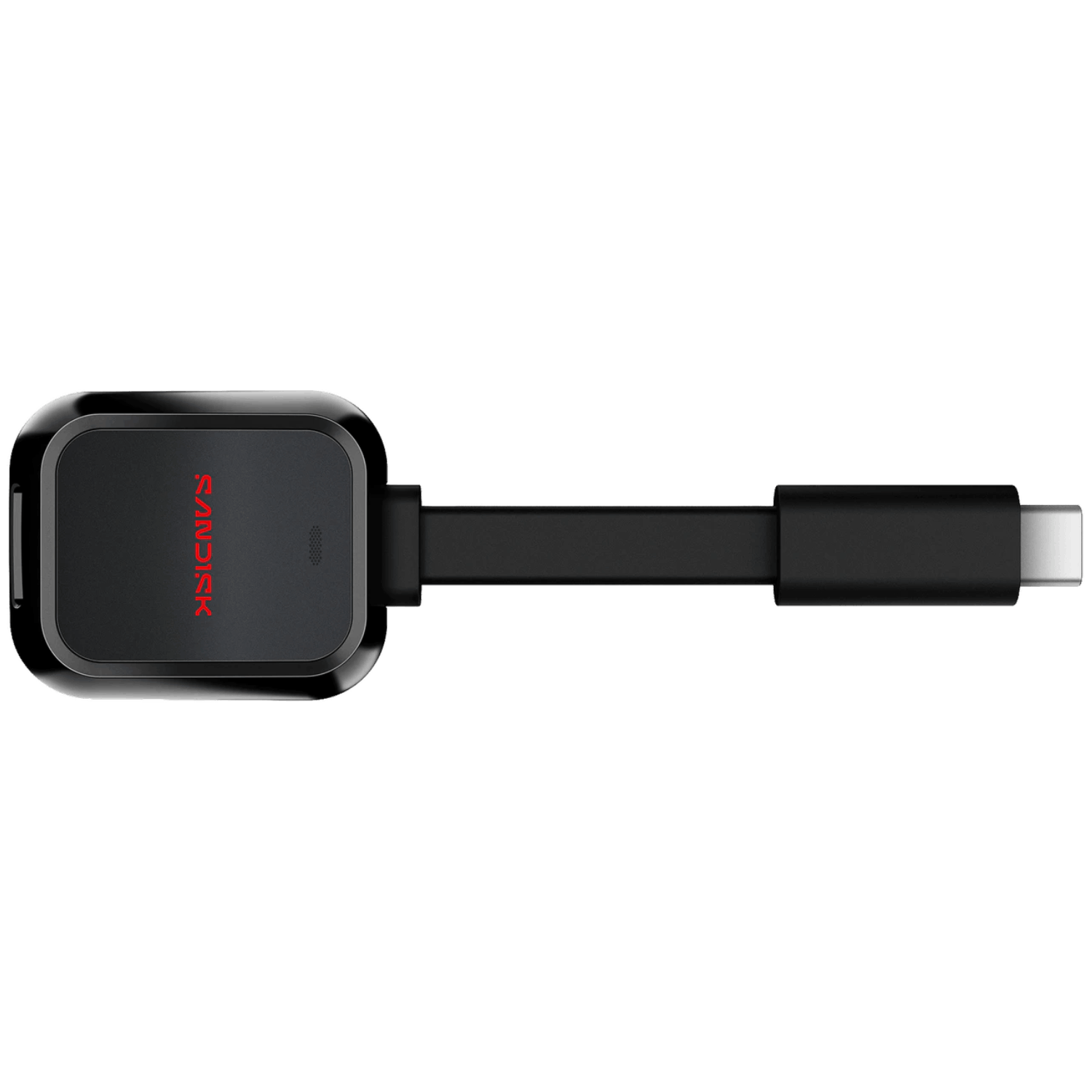 Un disco SanDisk USB-C negro con letras rojas se muestra sobre fondo negro.