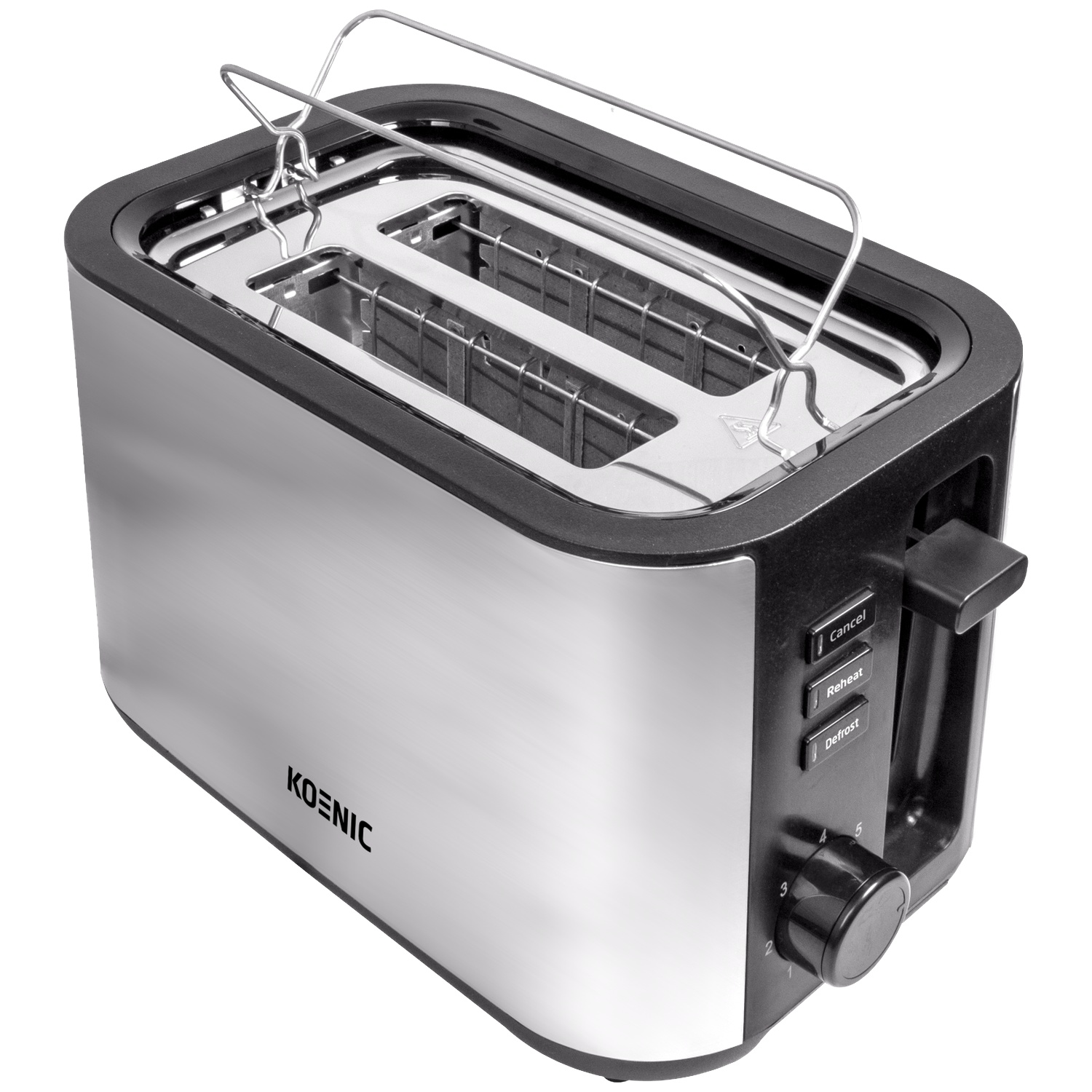 Un grille-pain argenté à deux fentes avec boutons de commande.