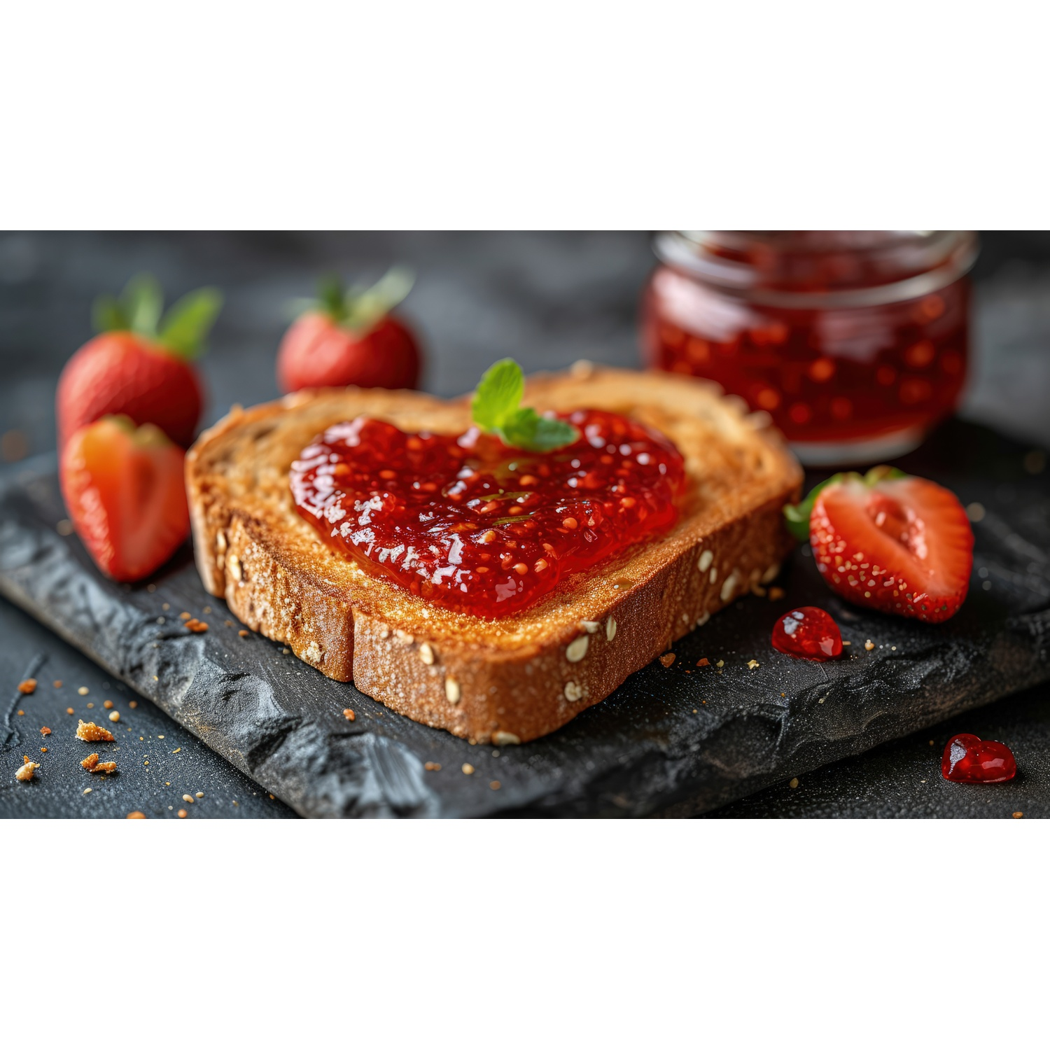 Tartine en forme de cœur avec confiture de fraises, fraises et menthe sur pierre noire.