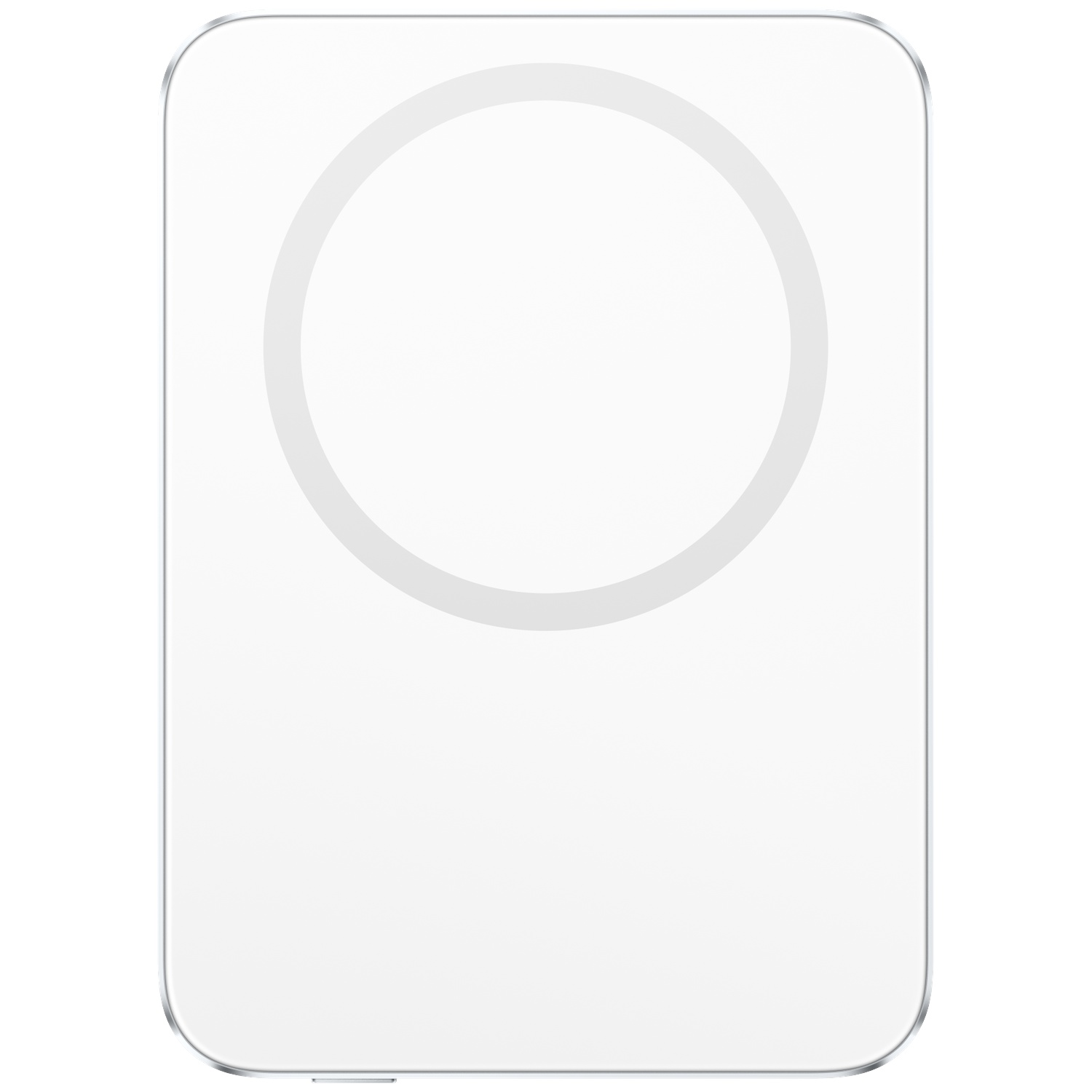 Een wit, rechthoekig MagSafe-oplaadstation met afgeronde hoeken.