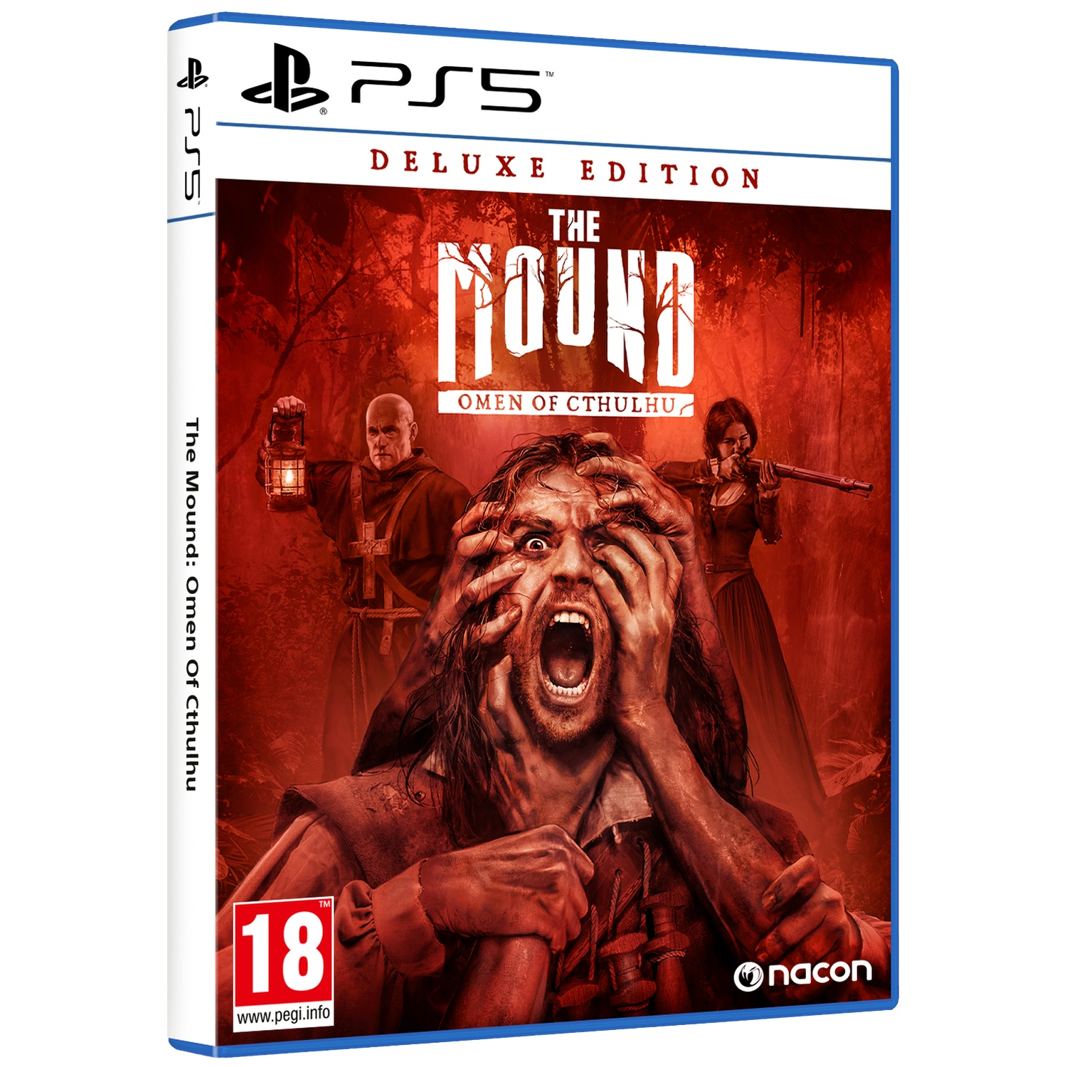PS5 gamehoes: The Mound, Deluxe Edition. Man schreeuwt, handen op gezicht. Anderen erachter.