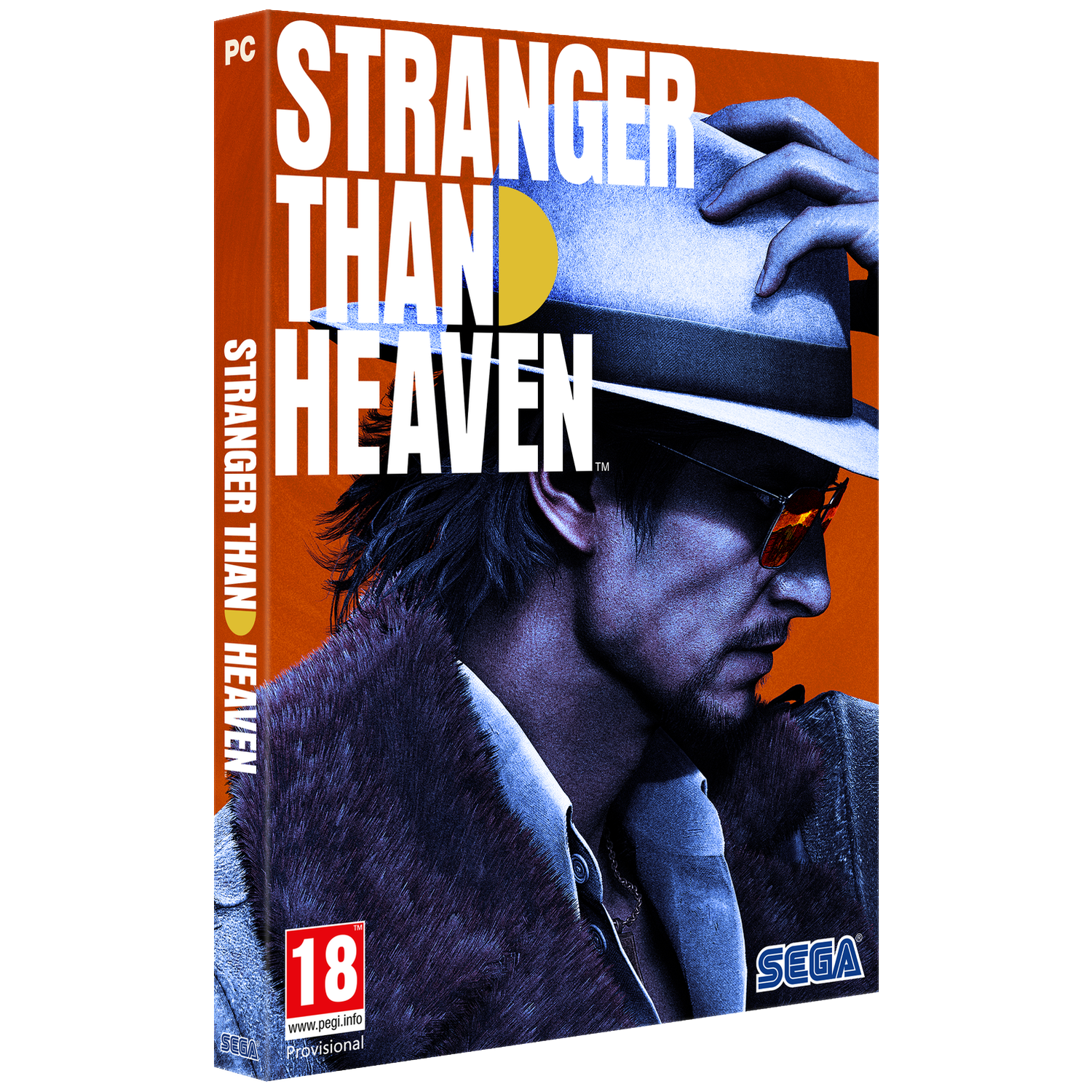 PC-spelcover: Man met hoed, zonnebril en bontkraag, titel STRANGER THAN HEAVEN.