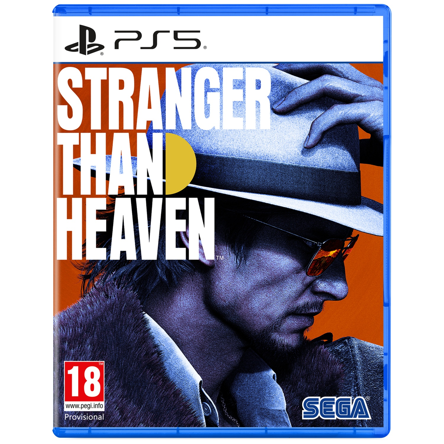 PS5 game cover: Man met hoed en zonnebril, titel Stranger Than Heaven.