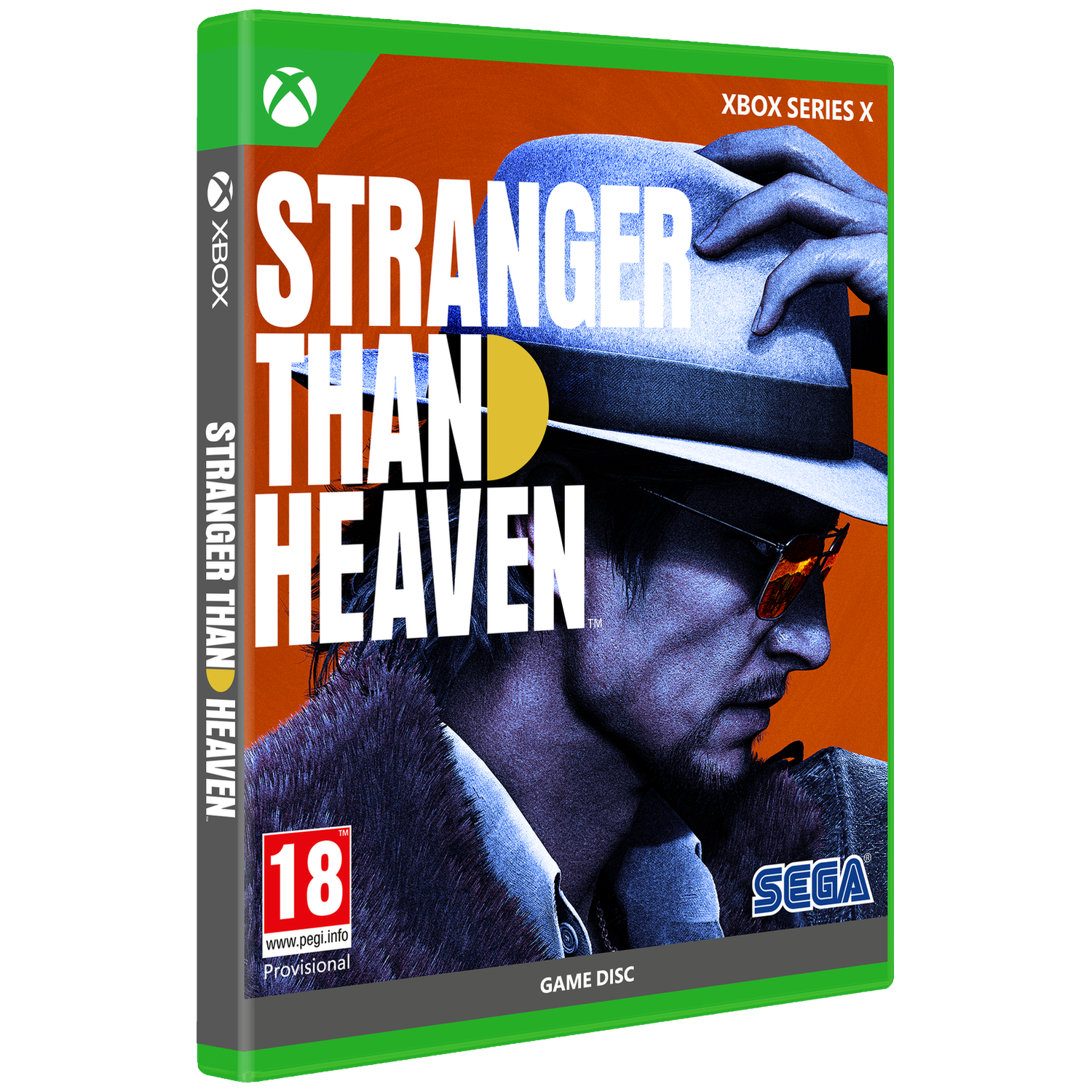 Boîte de jeu Xbox avec un homme portant un chapeau et des lunettes de soleil, titre : Stranger Than Heaven.