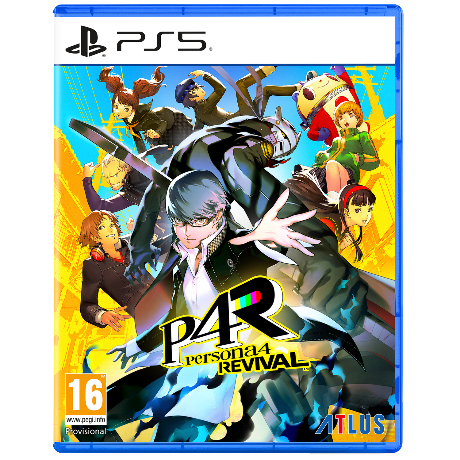 Boîtier de jeu PS5 avec des personnages d'anime posant sur fond jaune.