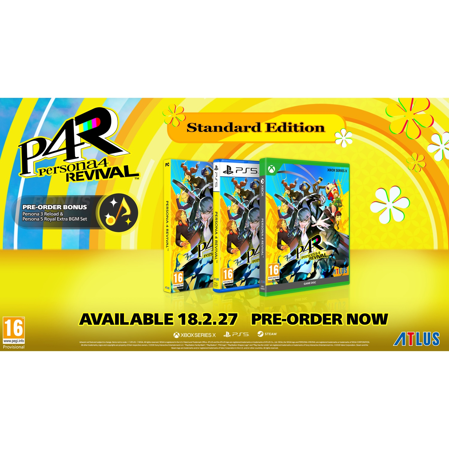 Persona 4 Revival Édition Standard avec trois boîtiers de jeu pour PC, PS5 et Xbox.