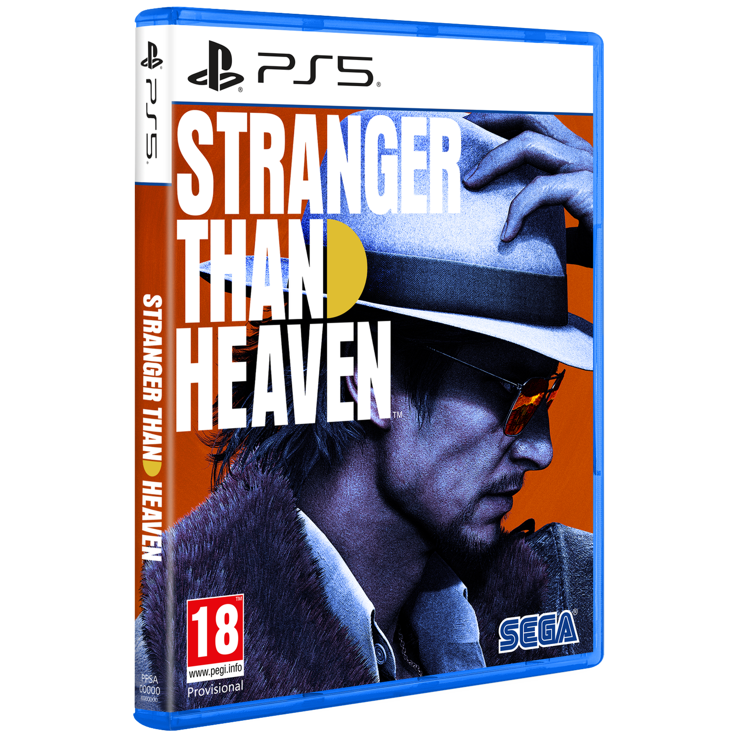 Boîte de jeu PS5 "Stranger Than Heaven" avec un homme portant un chapeau et des lunettes.