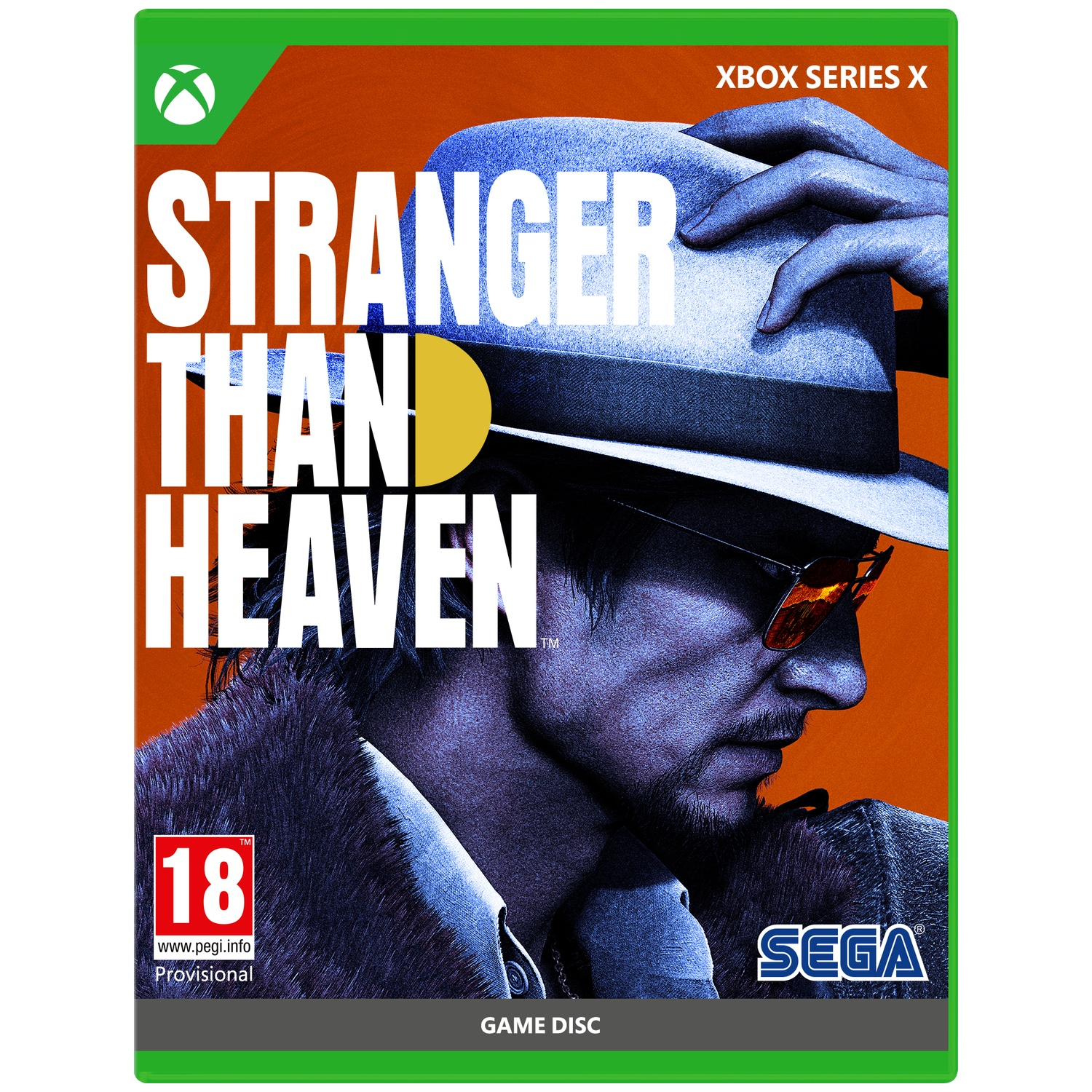 Couverture du jeu Stranger Than Heaven pour Xbox Series X avec un homme portant un chapeau et des lunettes.