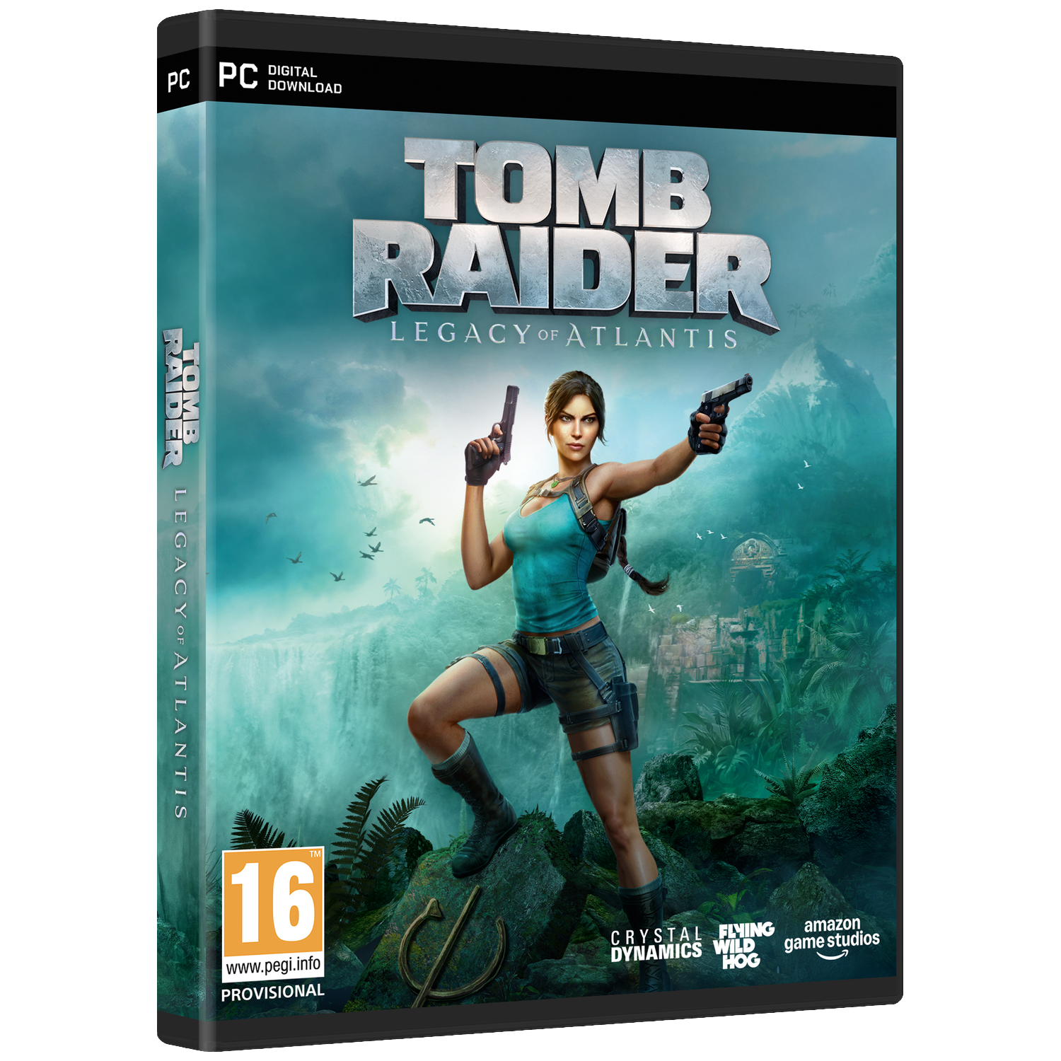 Lara Croft tient deux pistolets devant une cascade et une jungle.