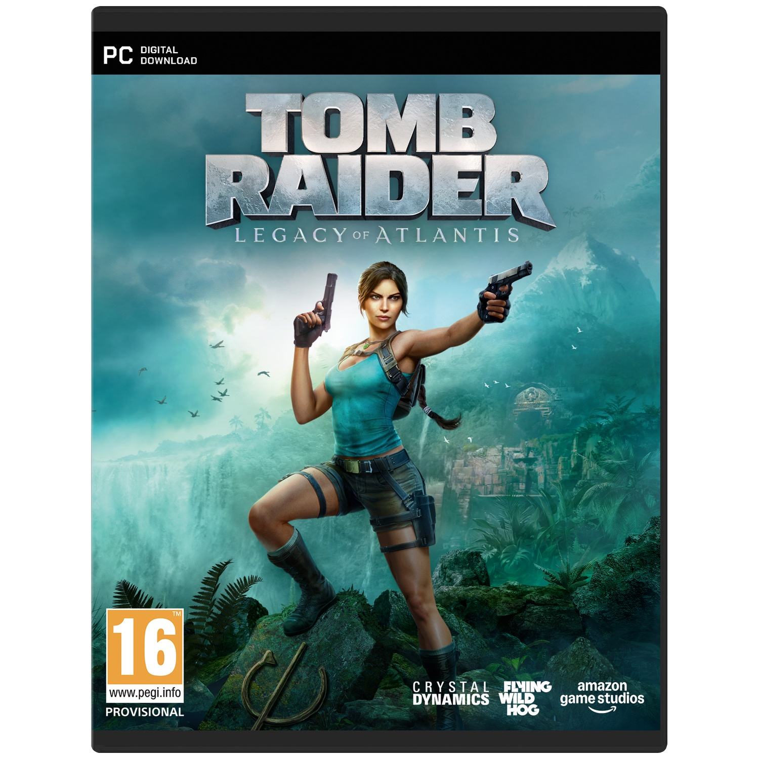Lara Croft avec deux pistolets devant des cascades et des ruines dans le jeu Tomb Raider.