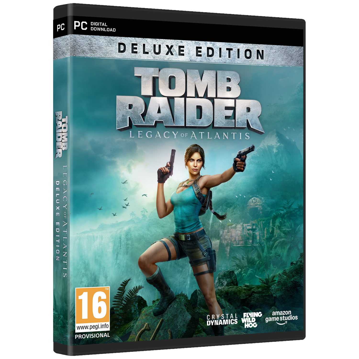 Lara Croft avec deux pistolets devant une cascade et des ruines. Tomb Raider Édition Deluxe.