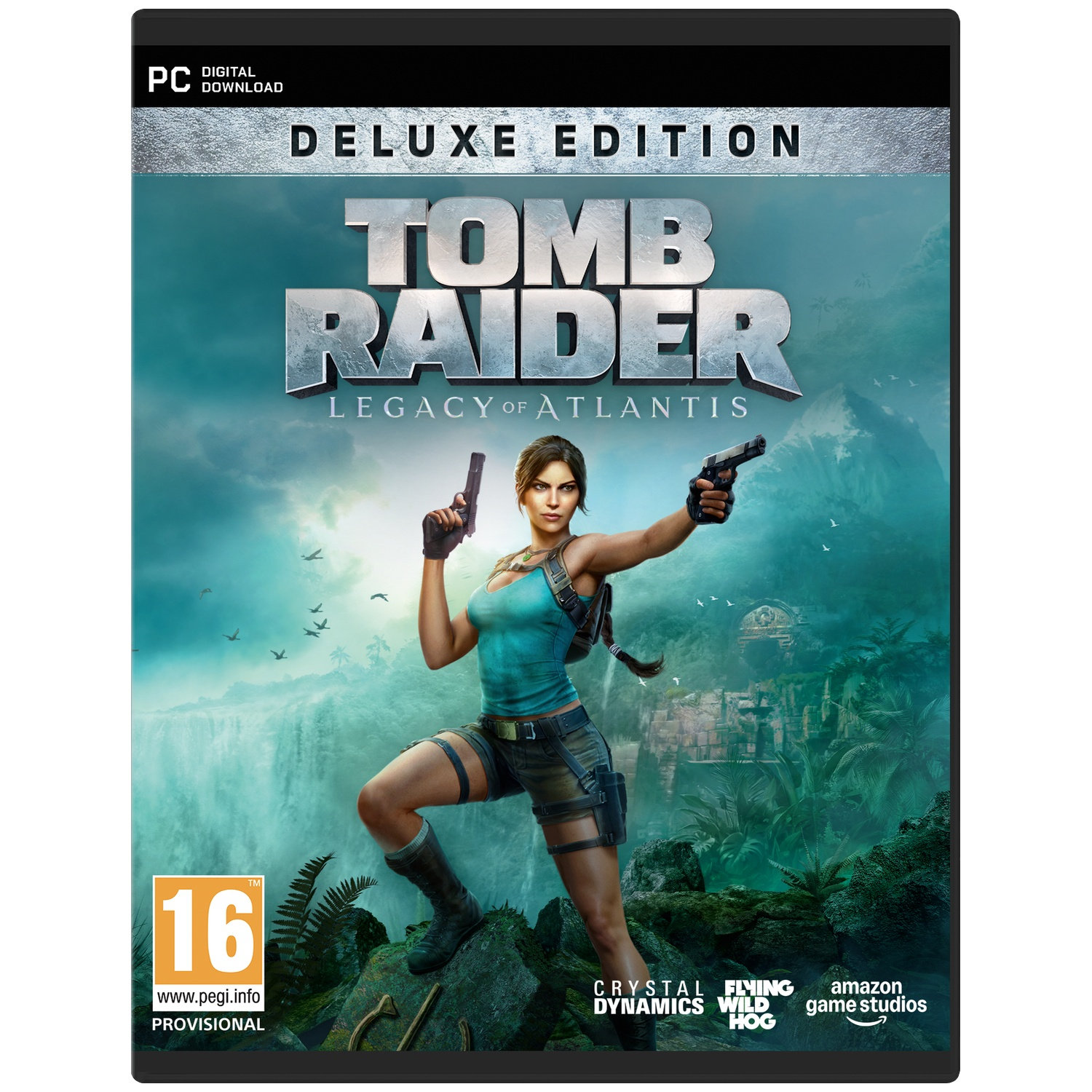 Couverture du jeu PC Tomb Raider Deluxe Edition : Lara Croft avec des pistolets, jungle, cascades.