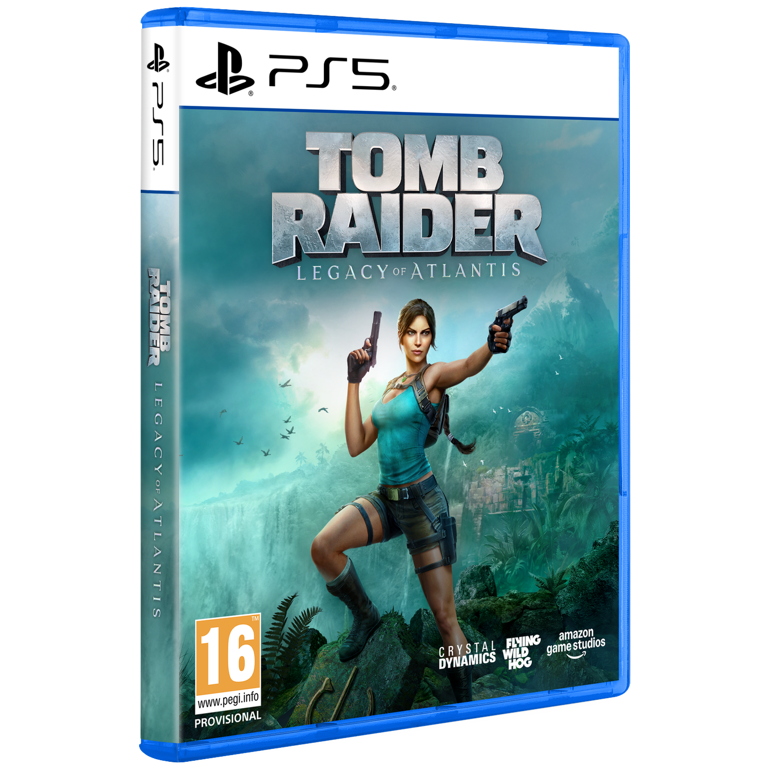 Lara Croft tient deux pistolets, devant une cascade et des ruines.