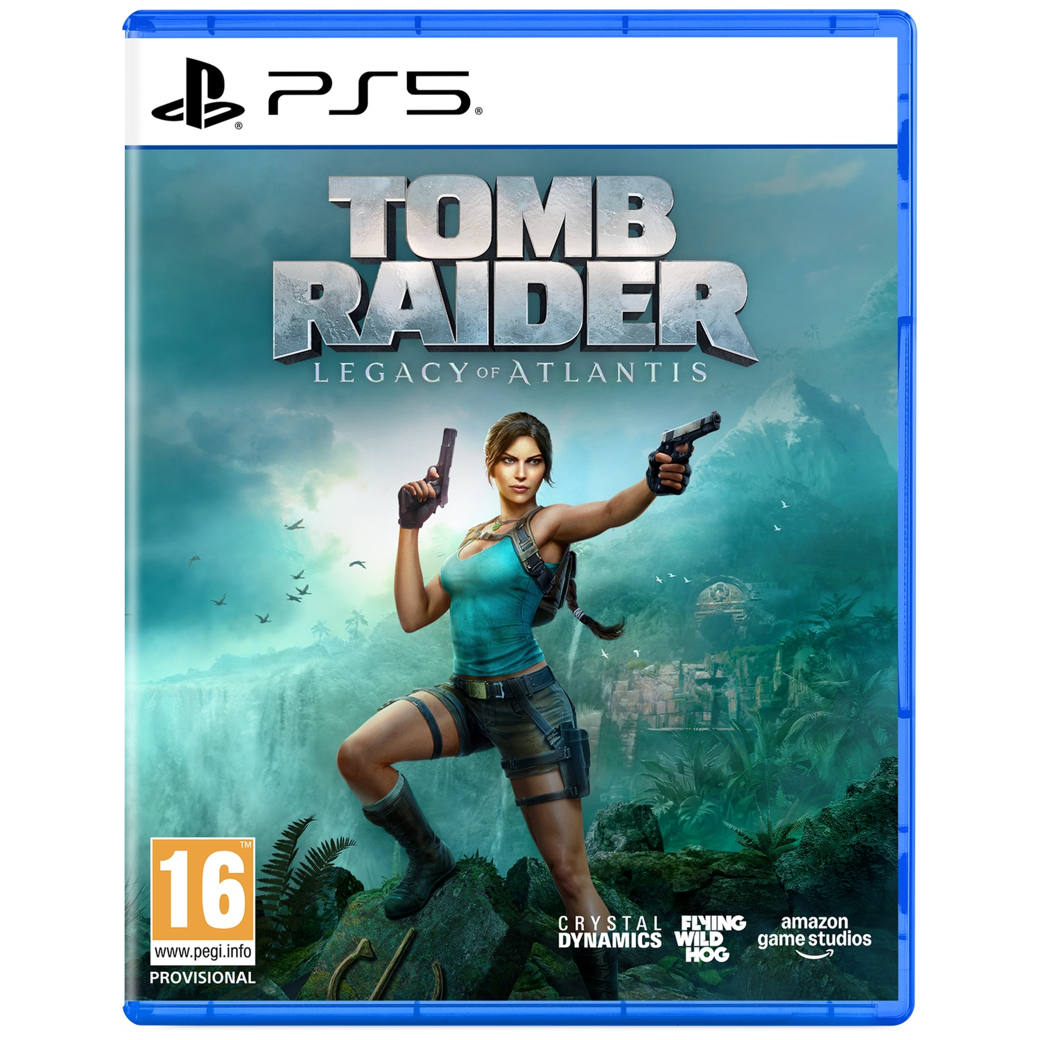 Lara Croft tenant deux pistolets devant des cascades et une jungle.