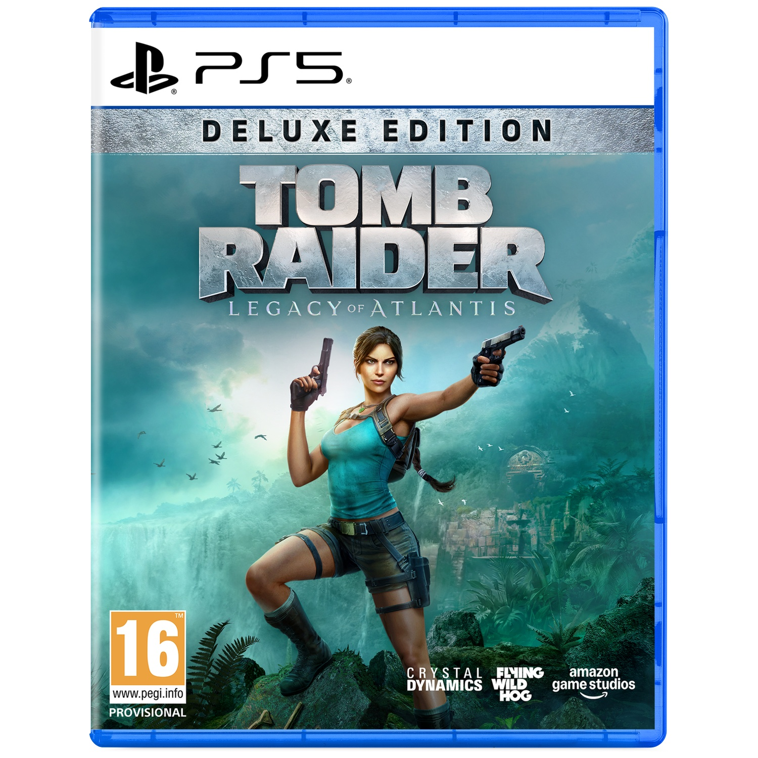 Lara Croft avec deux pistolets dans un décor de jungle avec cascade. Jeu PS5.