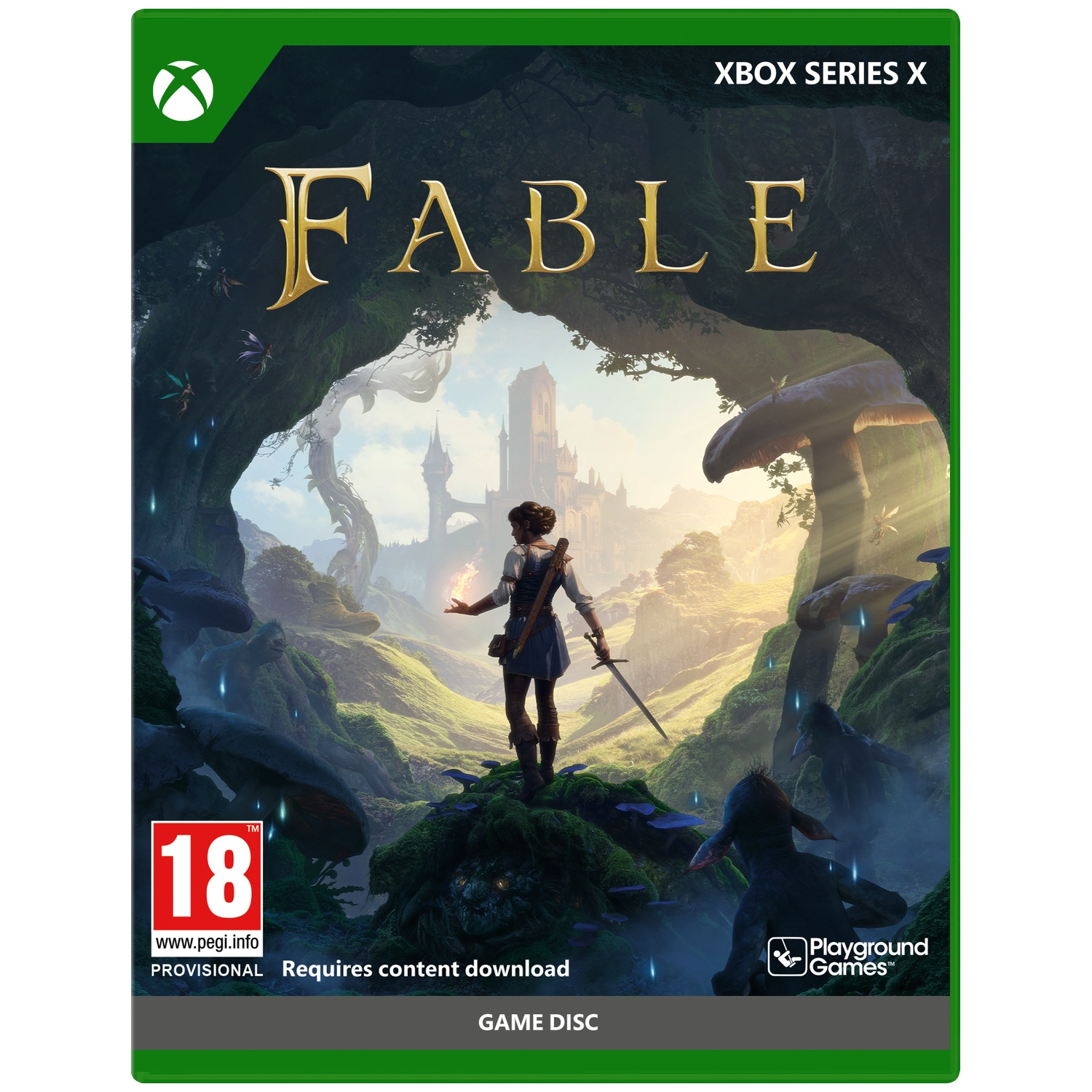 Fable game cover art met een vrouw met zwaard in een fantasiewereld.