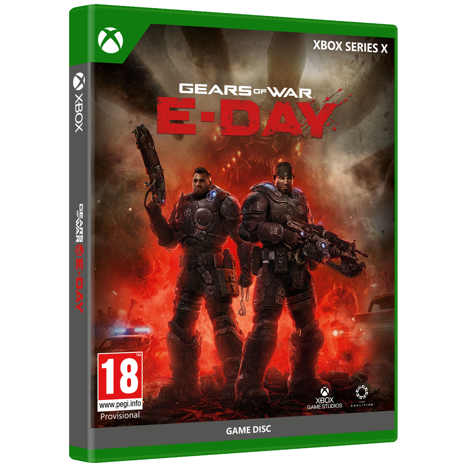 Boîtier Xbox Series X Gears of War: E-Day avec deux soldats blindés sur fond rouge.