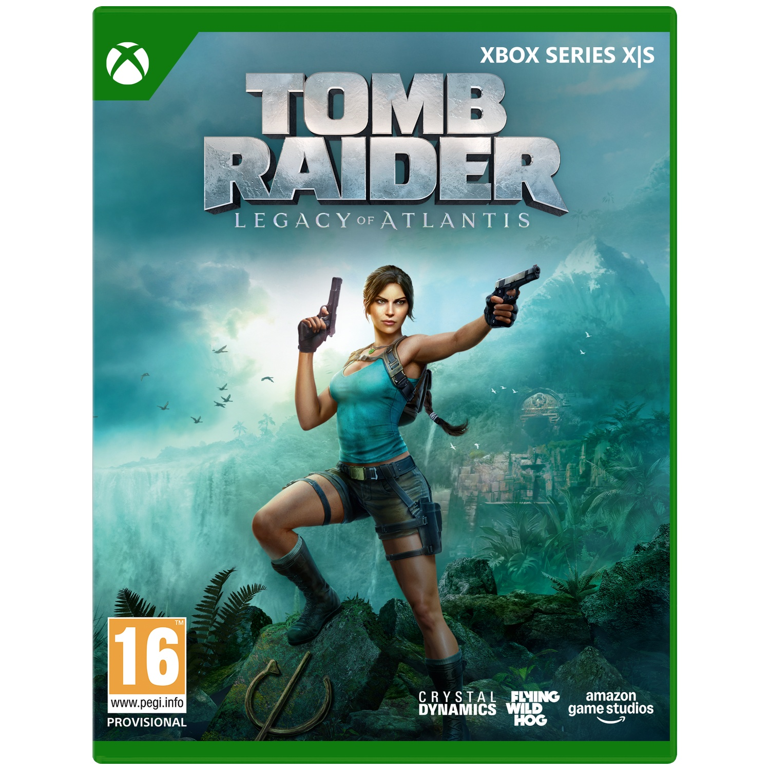 Lara Croft avec des armes devant une cascade et des ruines de jungle. Xbox Series X|S.