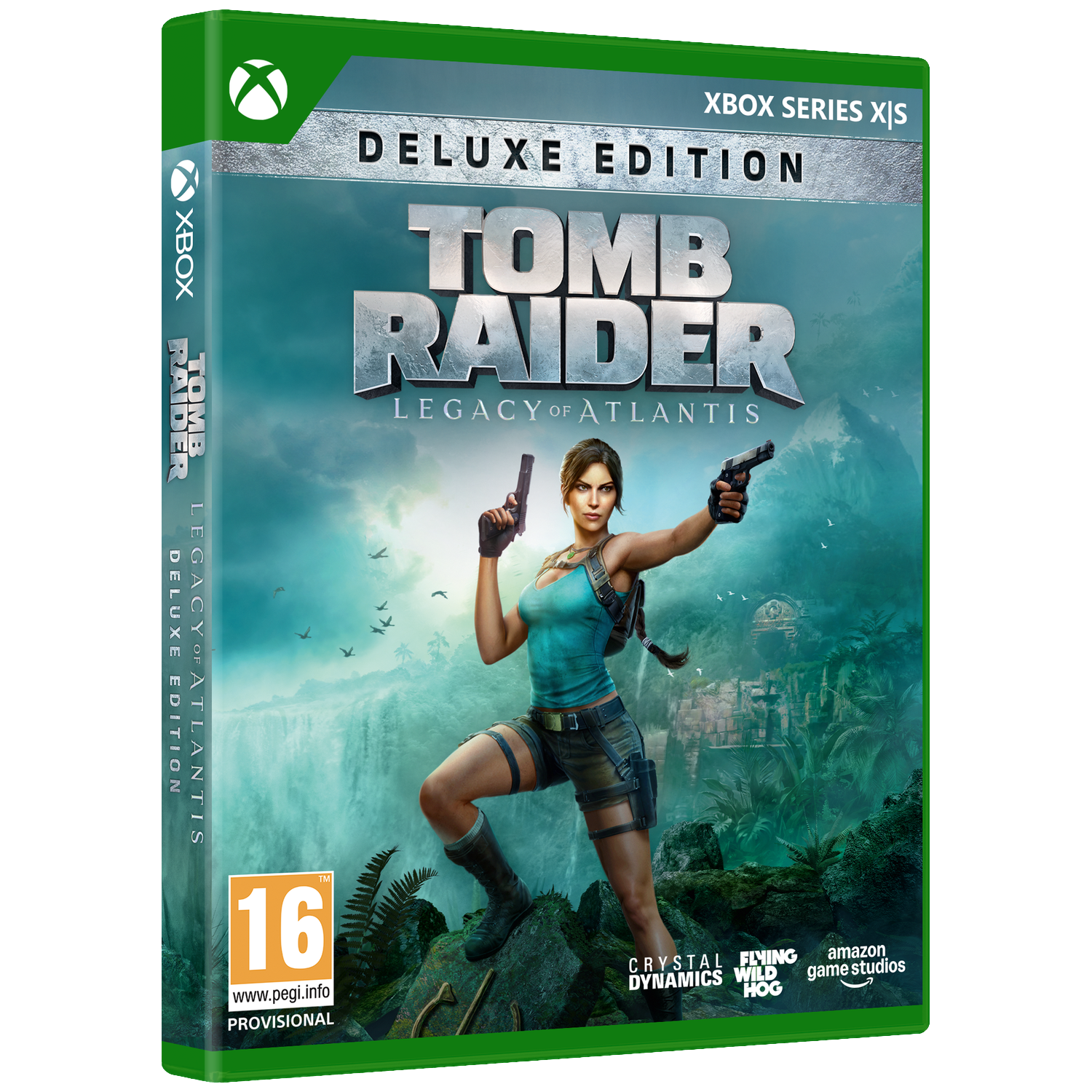 Lara Croft en action devant une cascade, jaquette de jeu Xbox.