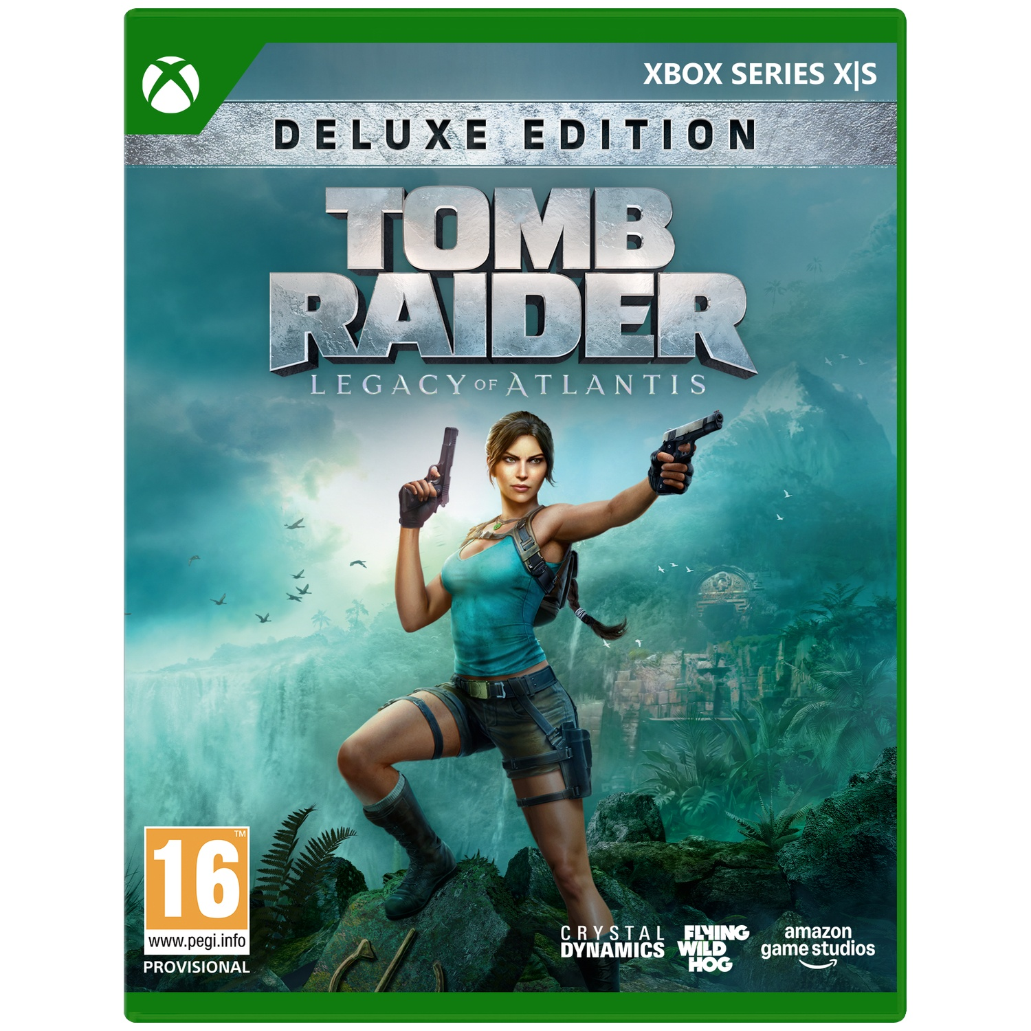 Lara Croft avec des pistolets devant un décor de jungle avec cascade.