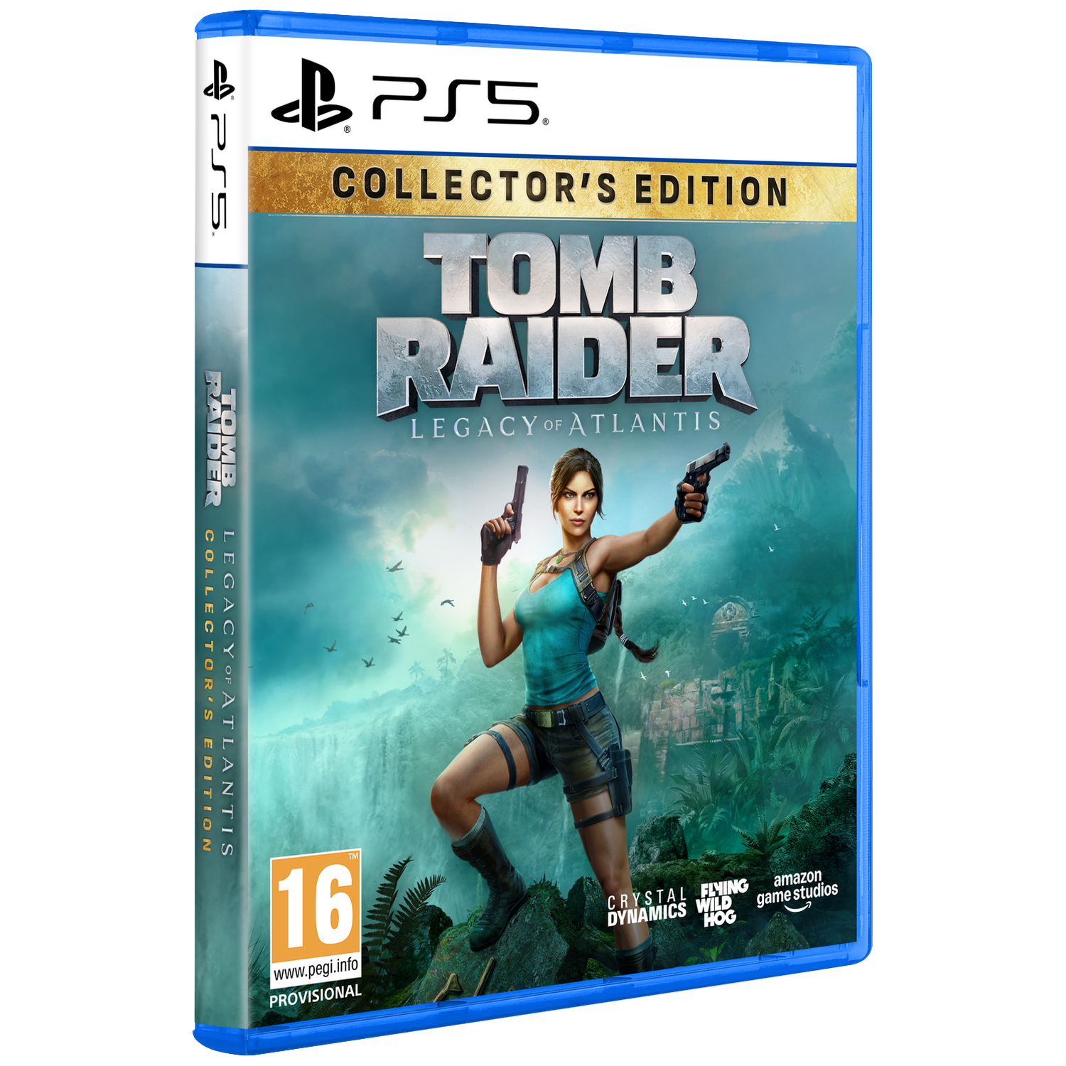 Art de jaquette PS5 Tomb Raider Édition Collector. Lara Croft pointe des pistolets devant une cascade et une jungle.