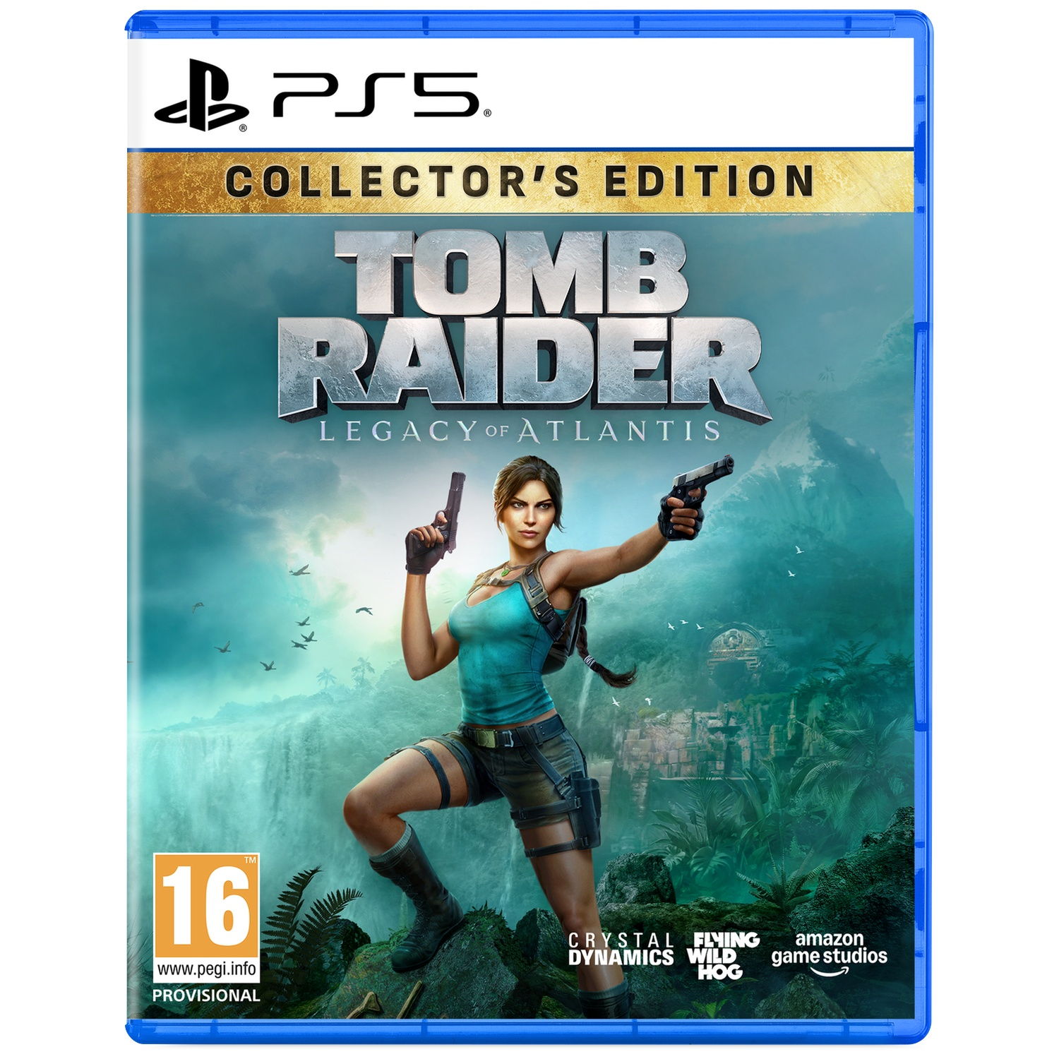 Lara Croft avec deux pistolets devant des ruines antiques, cascade et logo PS5.