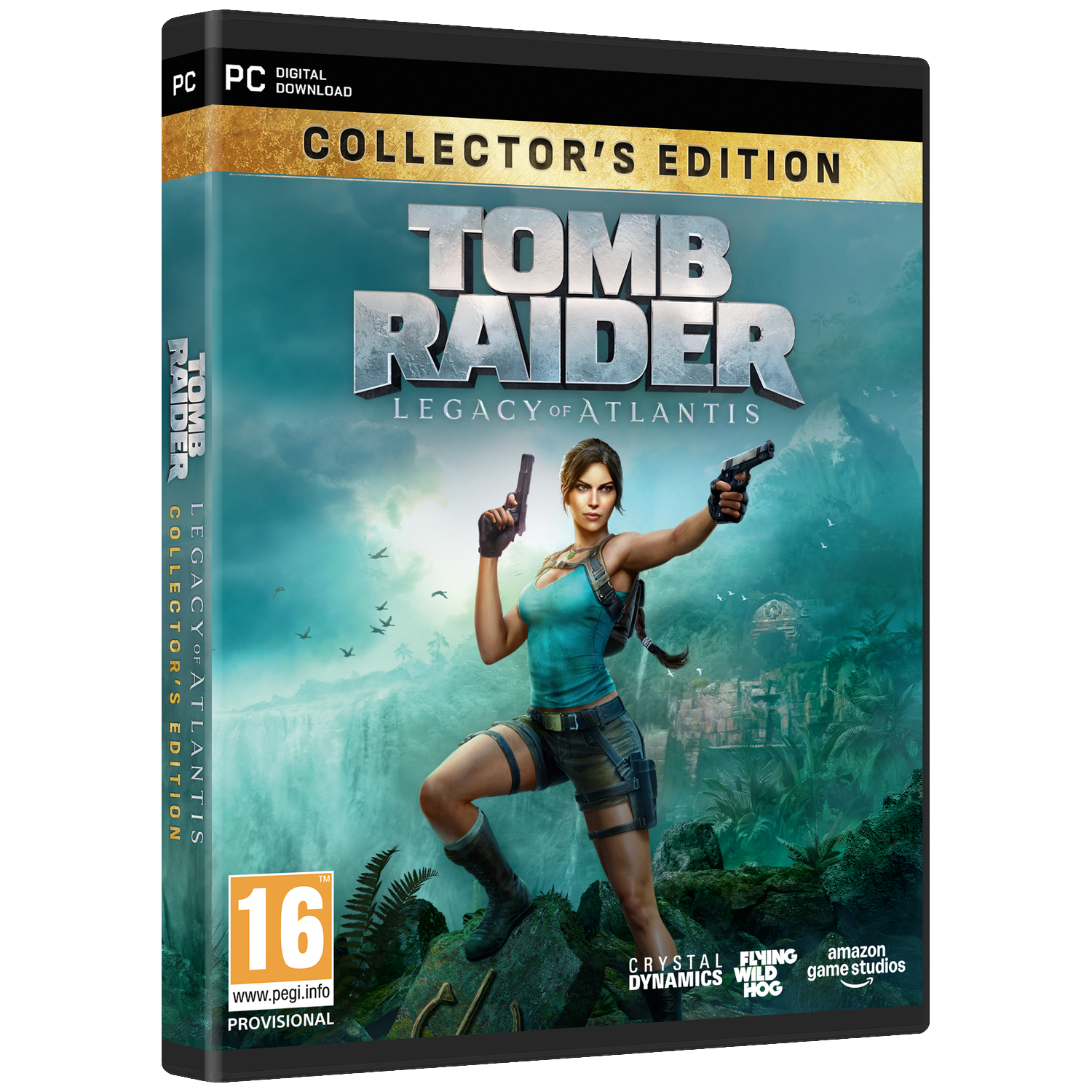 Couverture : Lara Croft avec deux pistolets devant une cascade et des ruines.