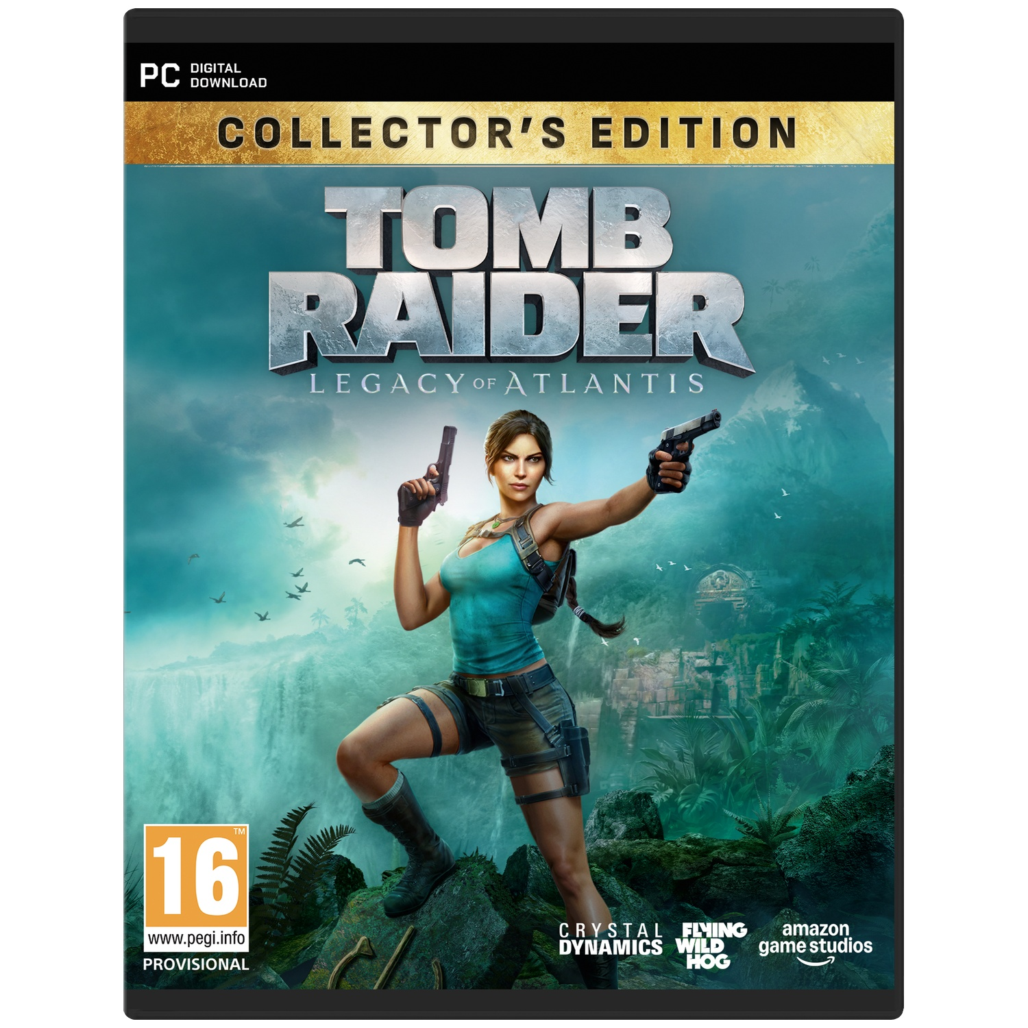 Lara Croft tient deux pistolets dans un décor de jungle avec cascade et ruines.