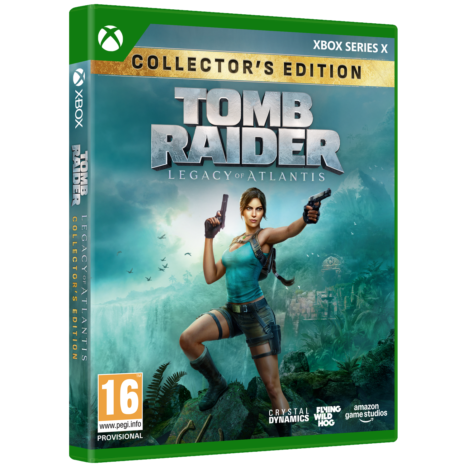 Lara Croft tient deux pistolets, devant une cascade et des ruines.
