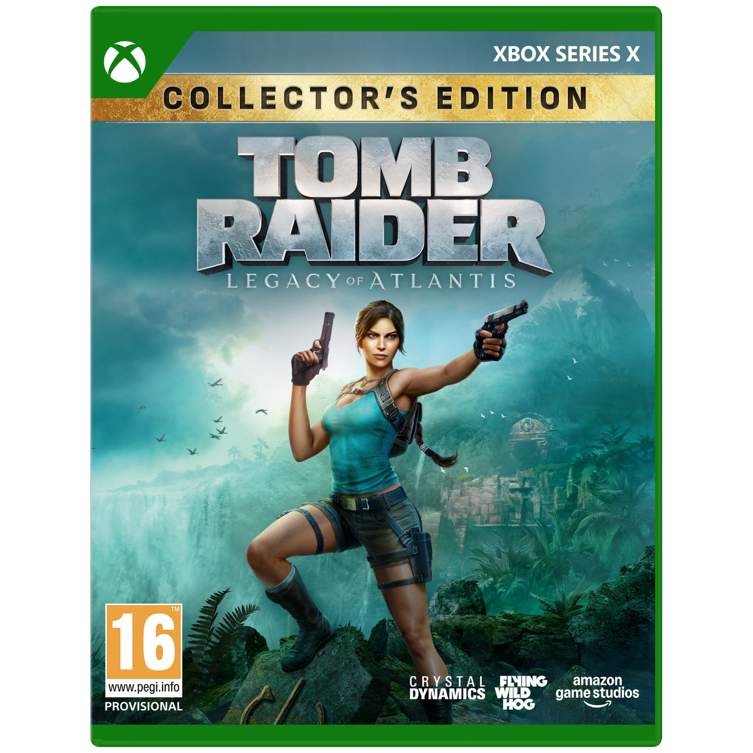 Lara Croft avec deux pistolets dans un décor de jungle avec cascade et ruines.